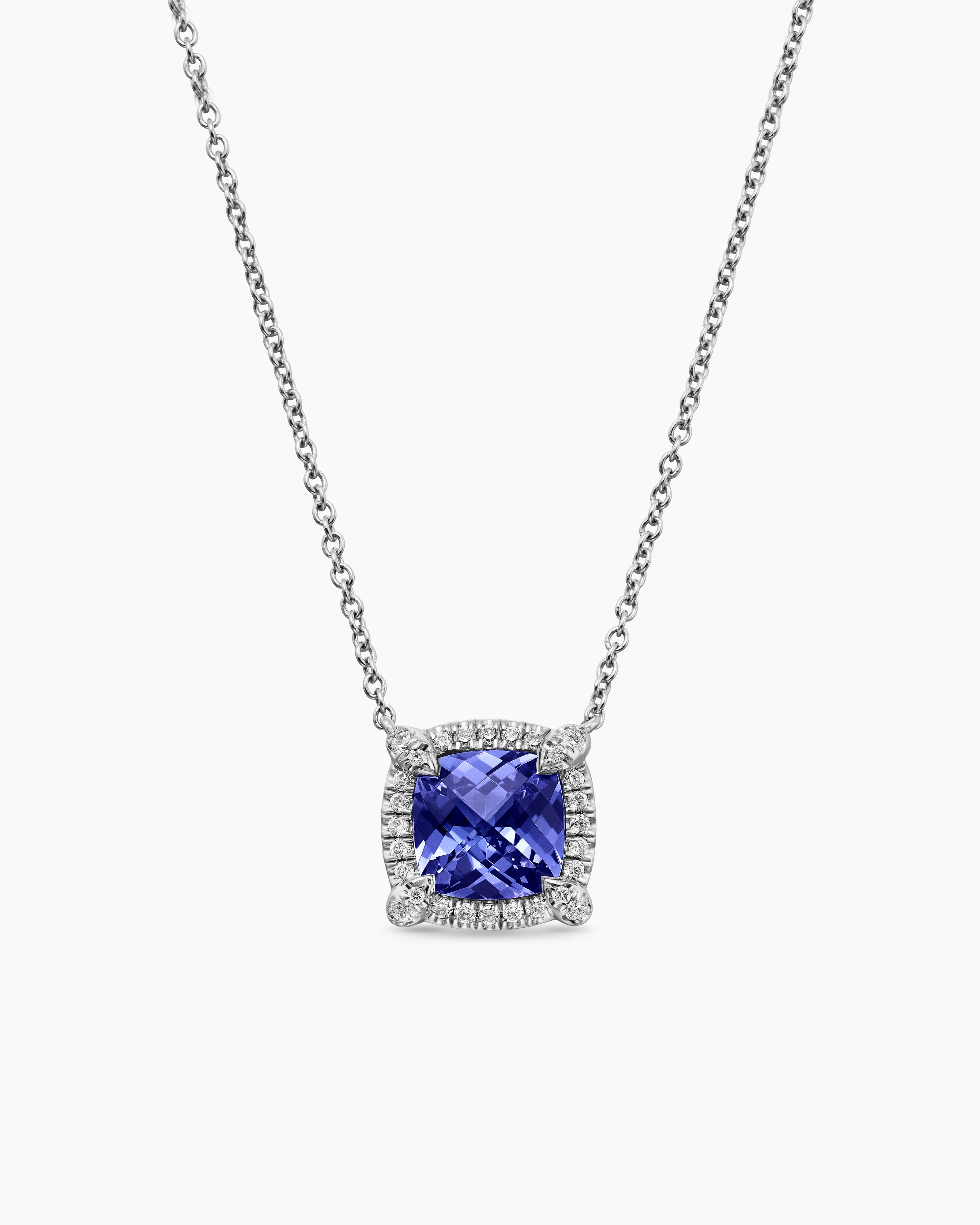 Womens Petite Chatelaine&reg; Pav&eacute; Bezel Pendant Necklace in 18K White Gold with Tanzanite and Diamonds, 7mm