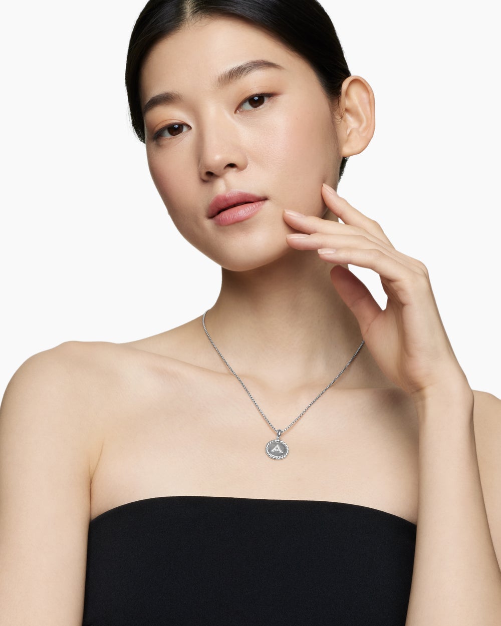 Womens Initial Charm Necklace in Sterling Silver with Diamond A