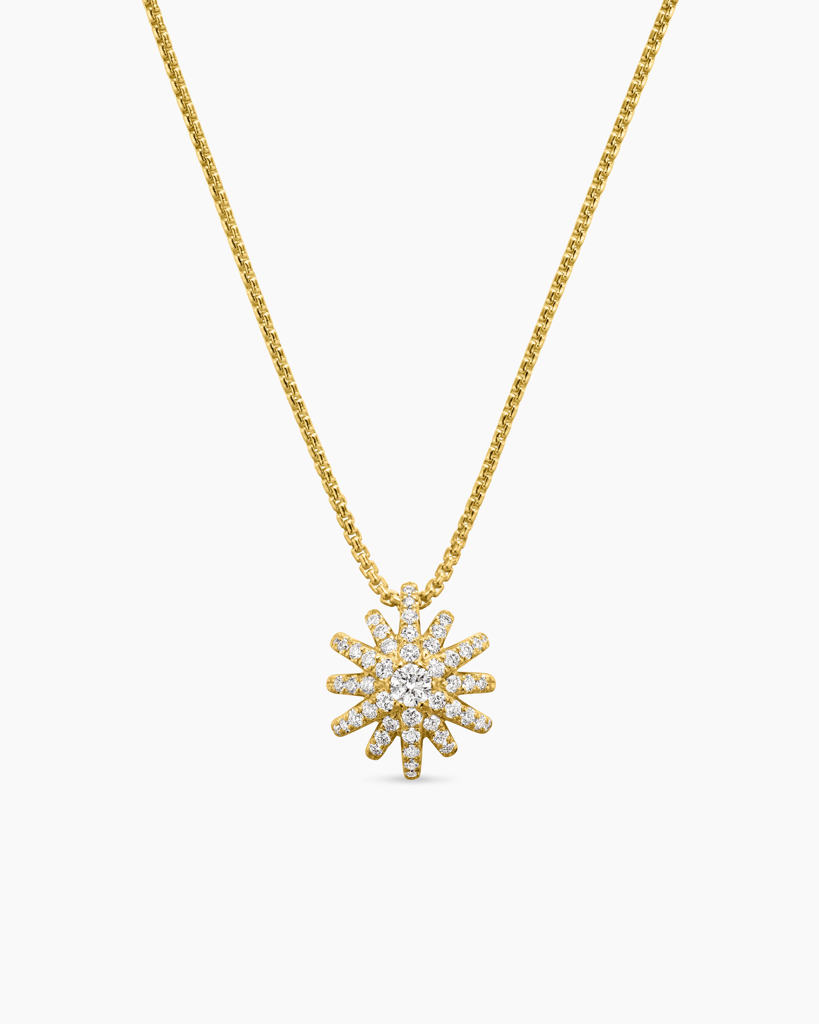 Womens Starburst Pendant Necklace in 18K Yellow Gold with Diamonds, 11mm