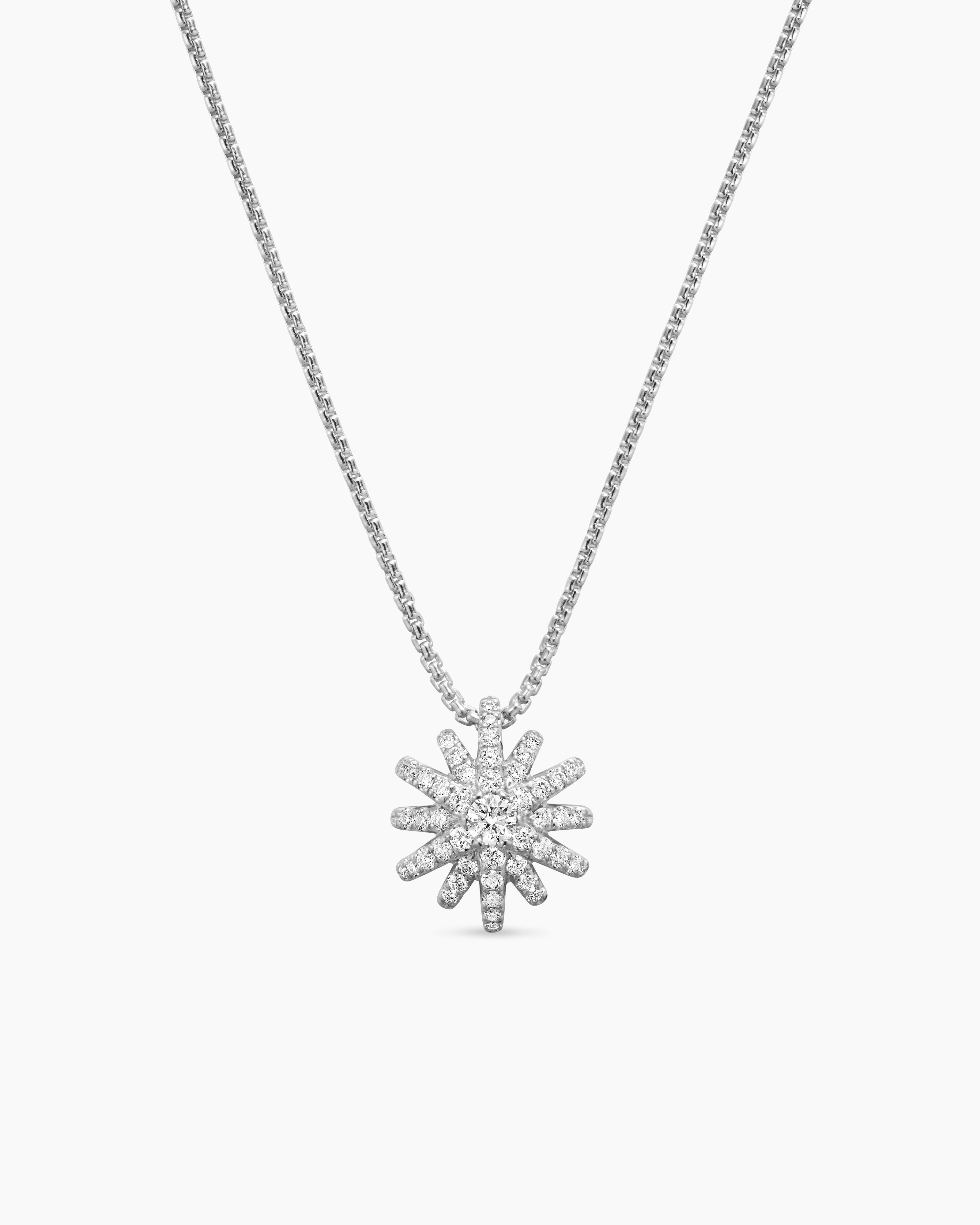Womens Starburst Pendant Necklace in 18K White Gold with Diamonds, 12mm