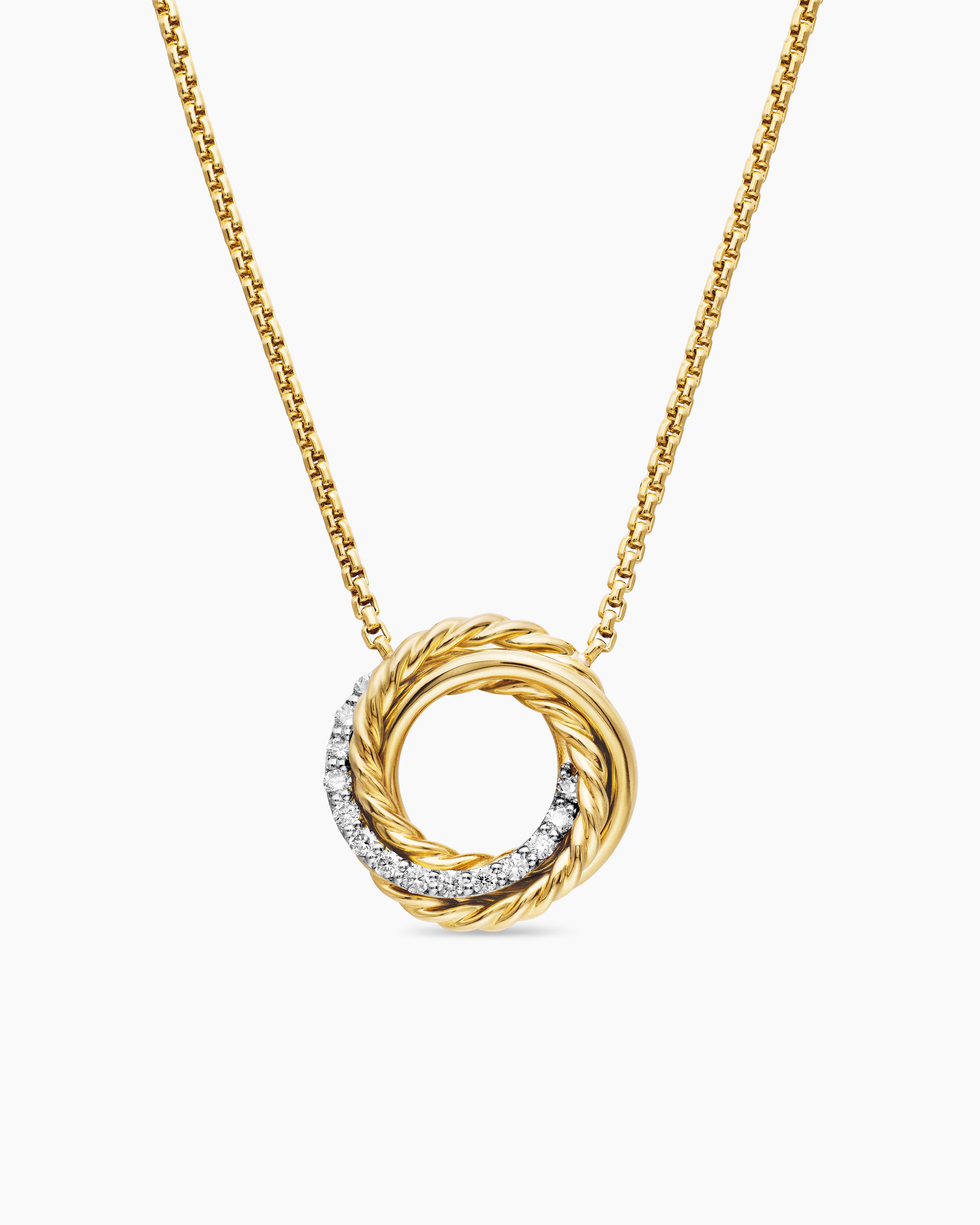 Womens Crossover Pendant Necklace in 18K Yellow Gold with Diamonds, 14.5mm