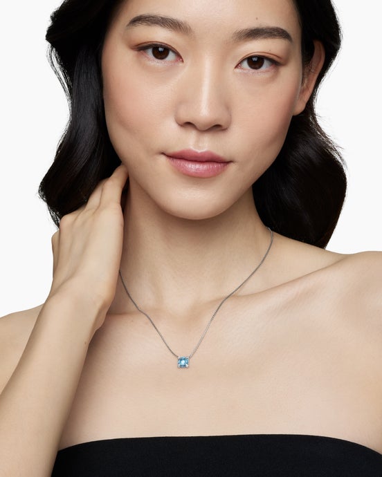 Petite Chatelaine® Pendant Necklace in Sterling Silver with Blue Topaz and Diamonds, 9mm