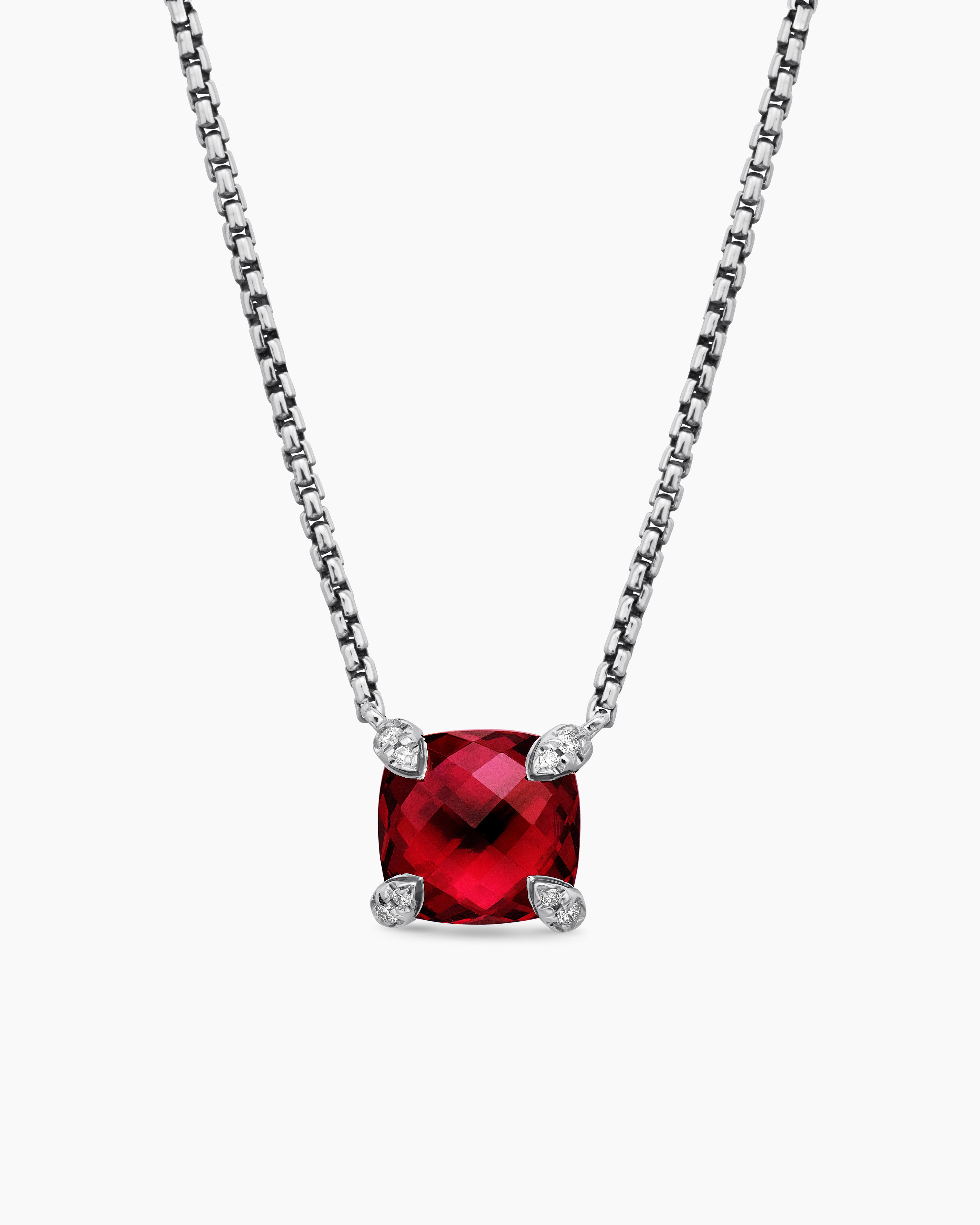 Womens Petite Chatelaine&reg; Pendant Necklace in Sterling Silver with Rhodolite Garnet and Diamonds, 9mm