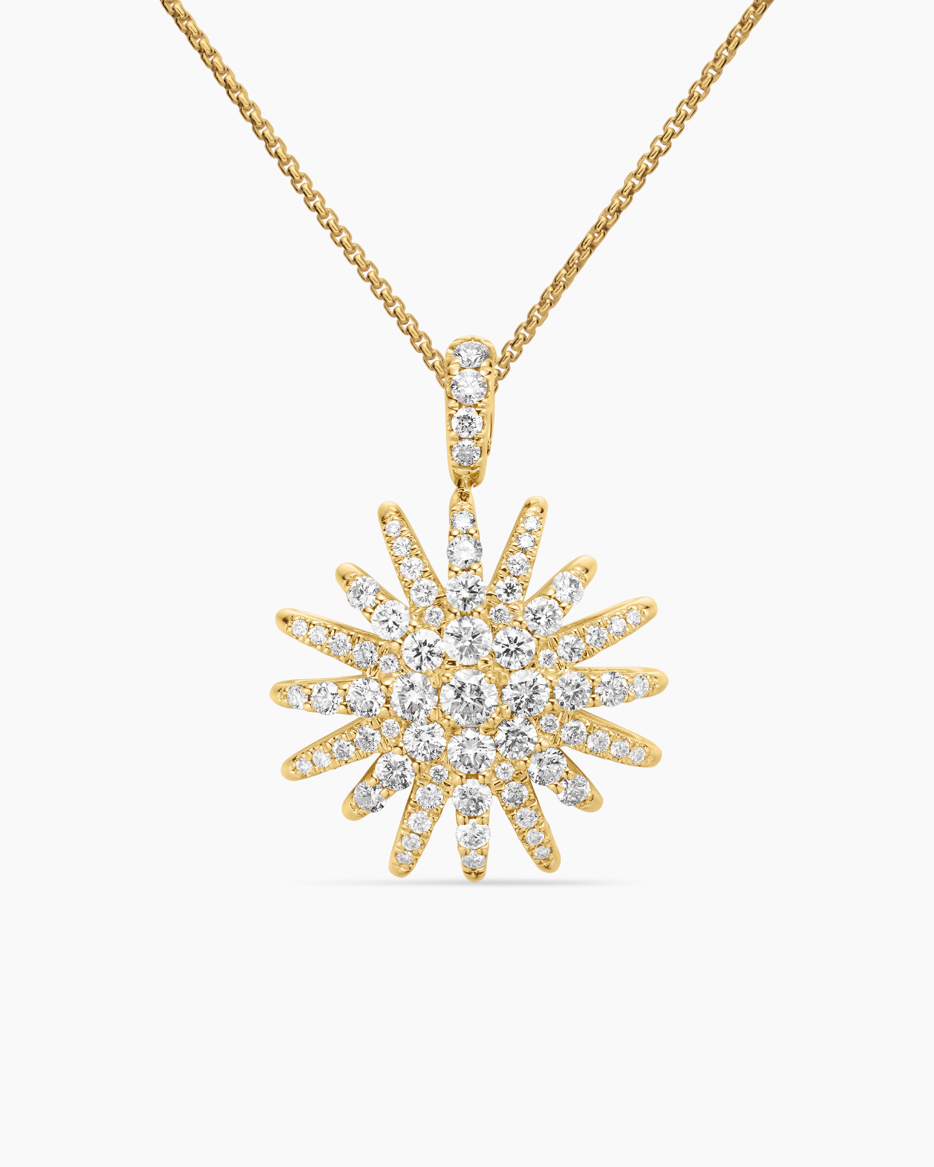 Womens Starburst Pendant Necklace in 18K Yellow Gold with Diamonds, 20mm
