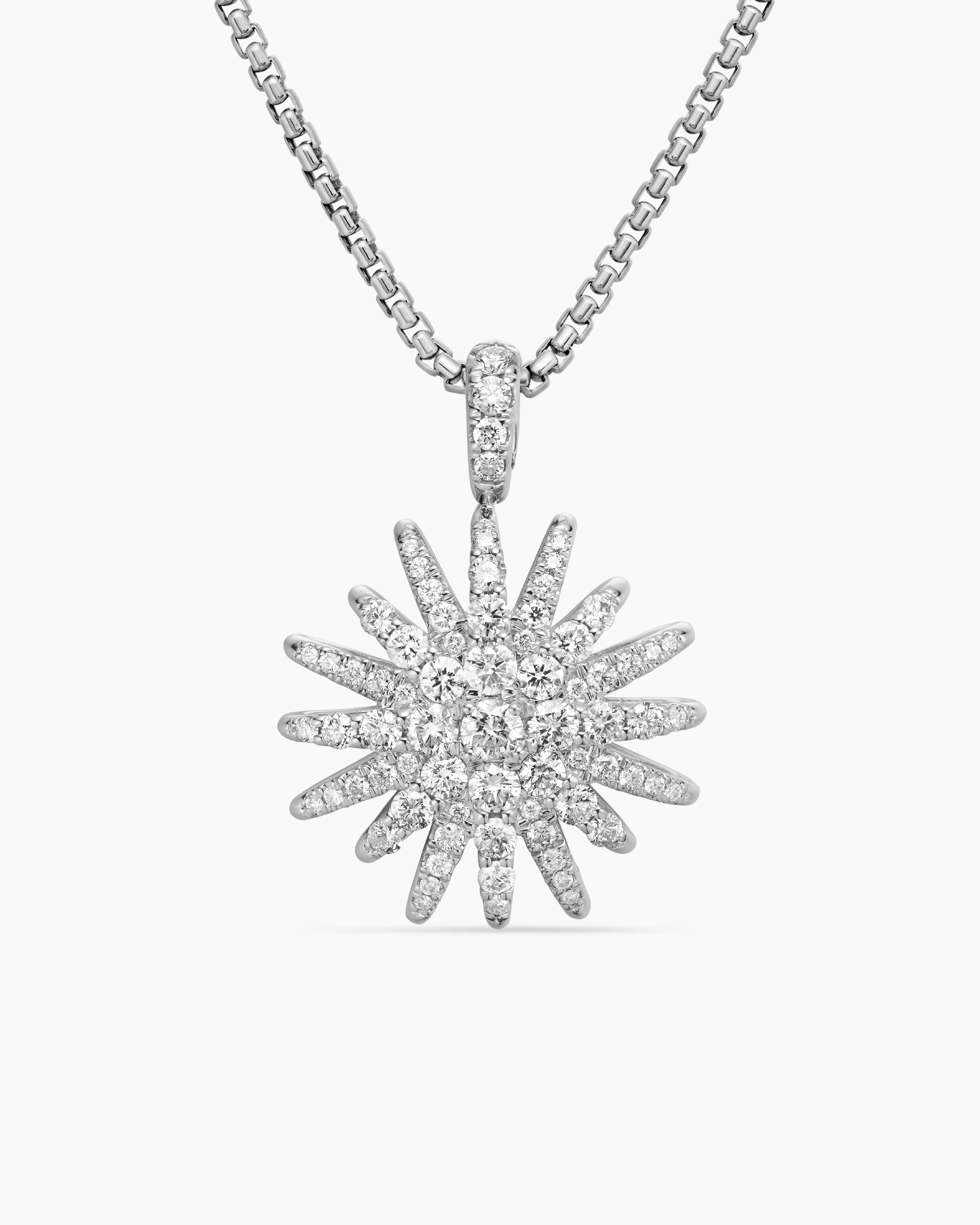 Womens Starburst Pendant Necklace in 18K White Gold with Diamonds, 20mm