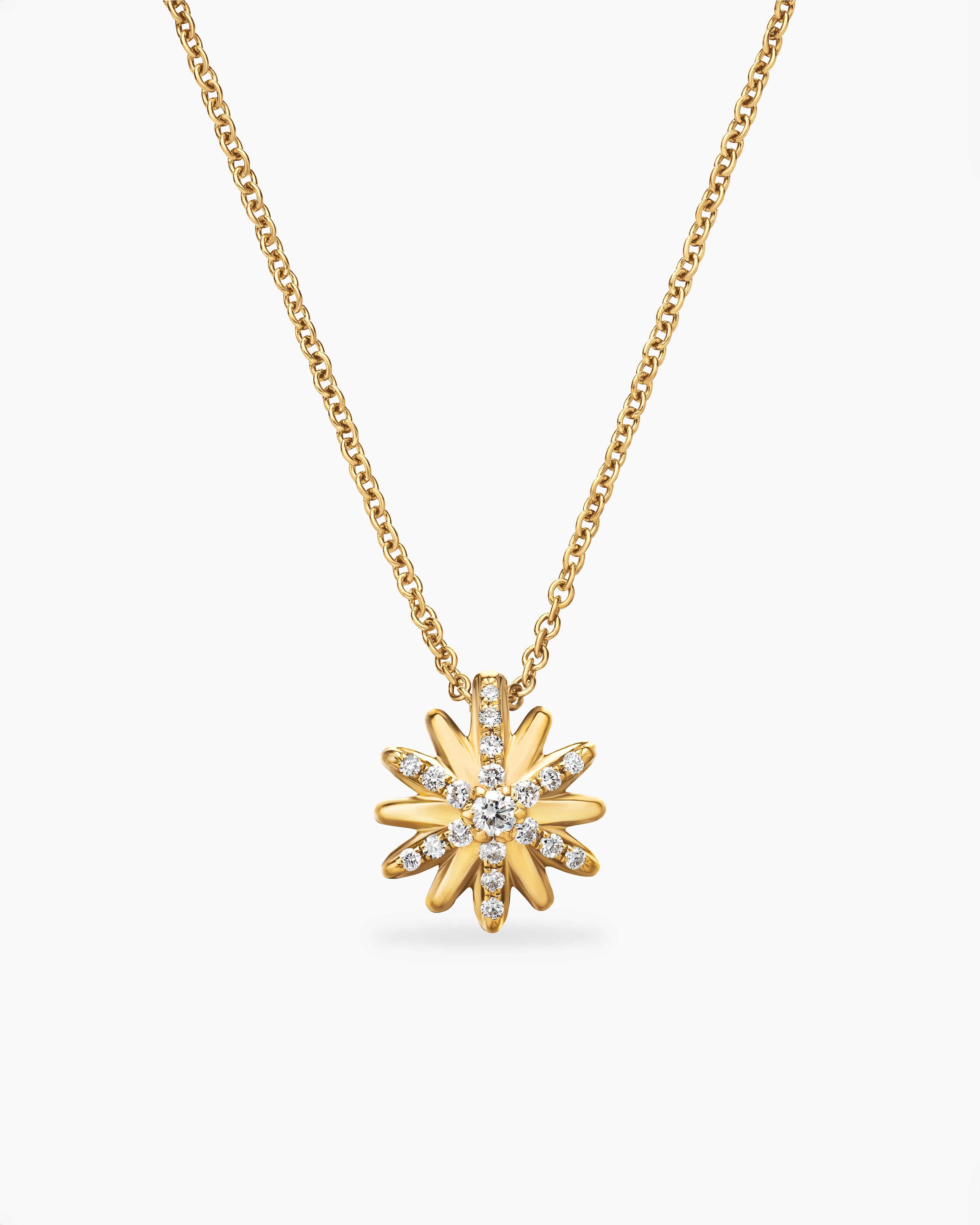 Womens Petite Starburst Pendant Necklace in 18K Yellow Gold with Diamonds, 10.5mm