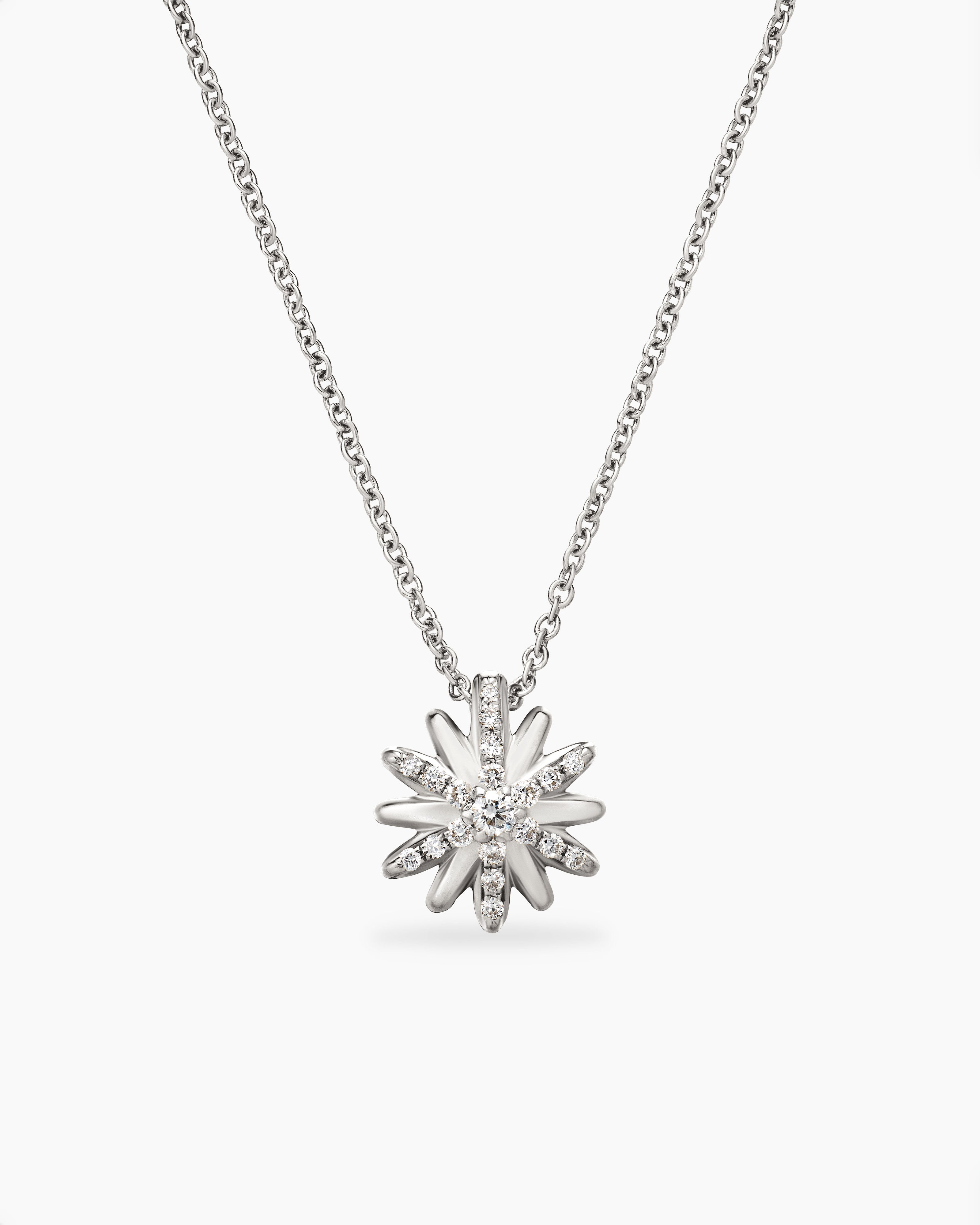Womens Petite Starburst Pendant Necklace in Sterling Silver with Diamonds, 10.5mm