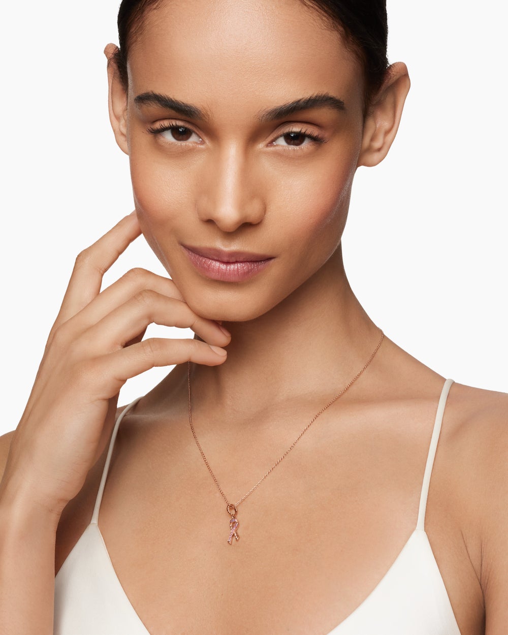 Womens Cable Collectibles® Ribbon Necklace in 18K Rose Gold with Pavé Pink Sapphires, 15.7mm