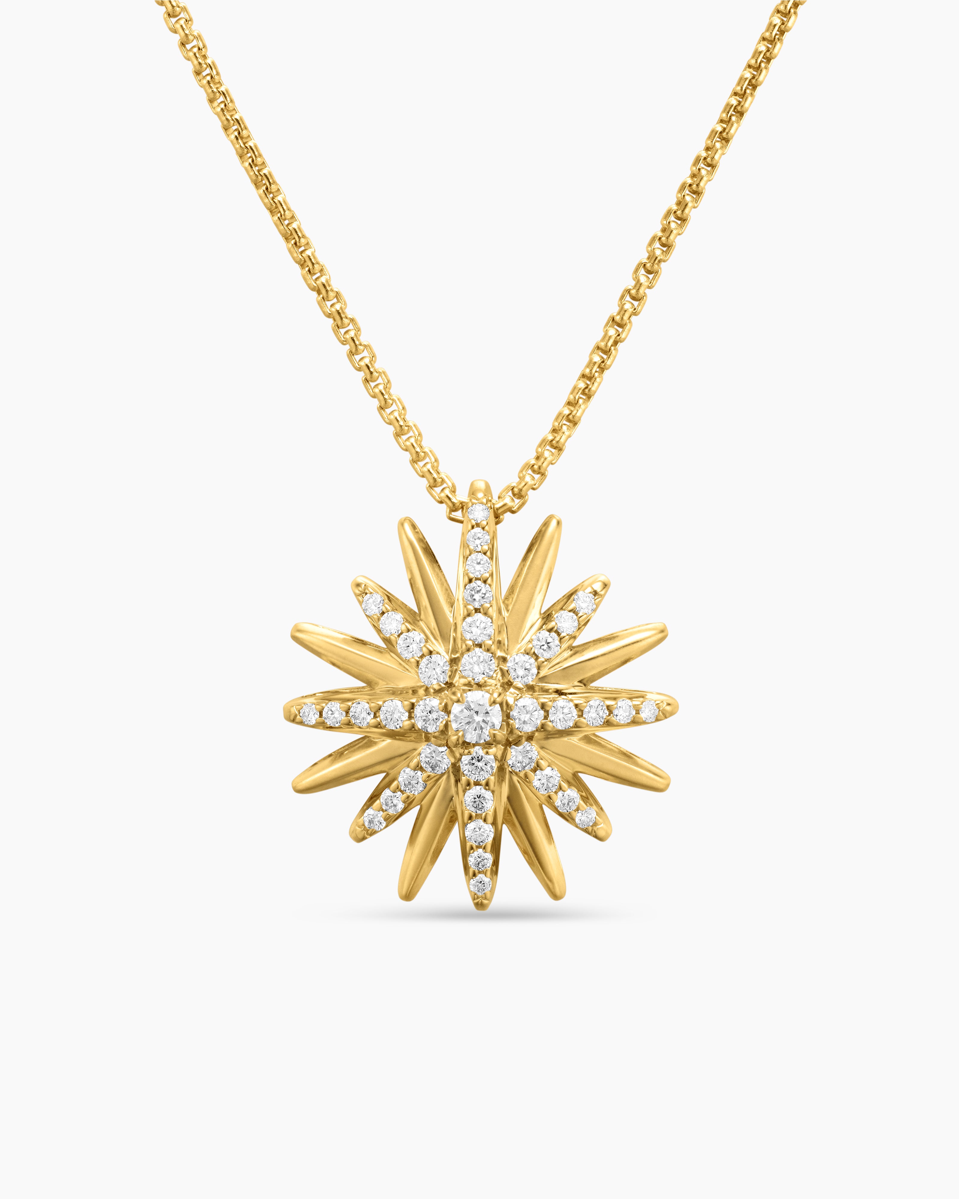 Womens Starburst Pendant Necklace in 18K Yellow Gold with Diamonds, 19mm