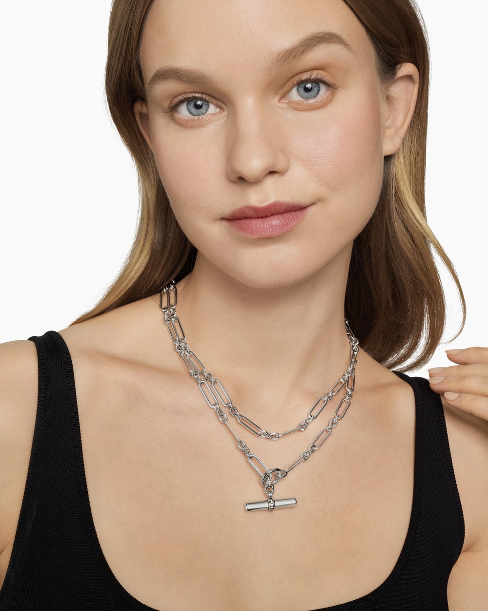 Womens Lexington Y Chain Necklace in Sterling Silver with Diamonds, 6.5mm