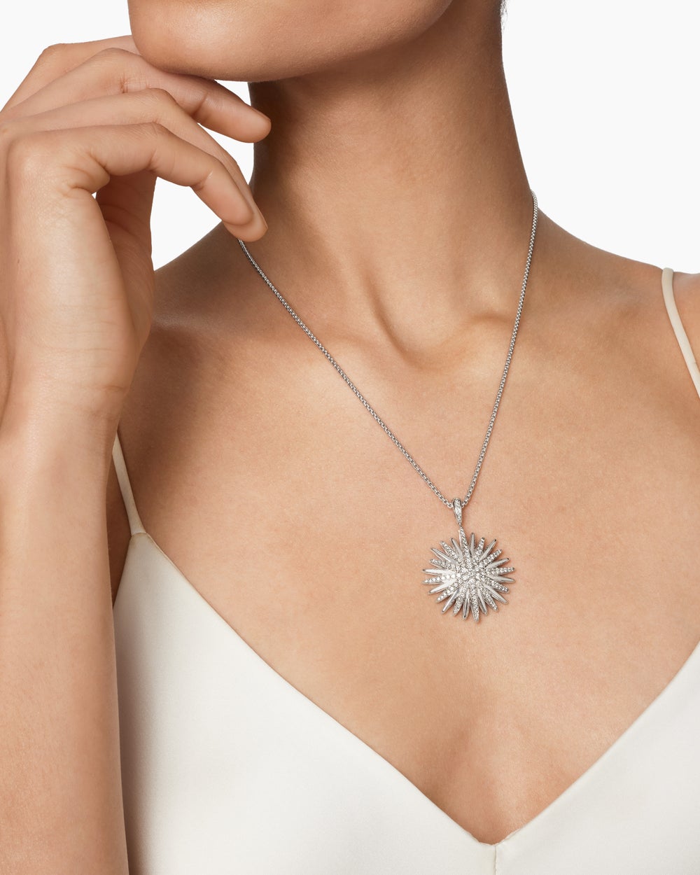 Womens Starburst Pendant in Sterling Silver with Diamonds, 32mm
