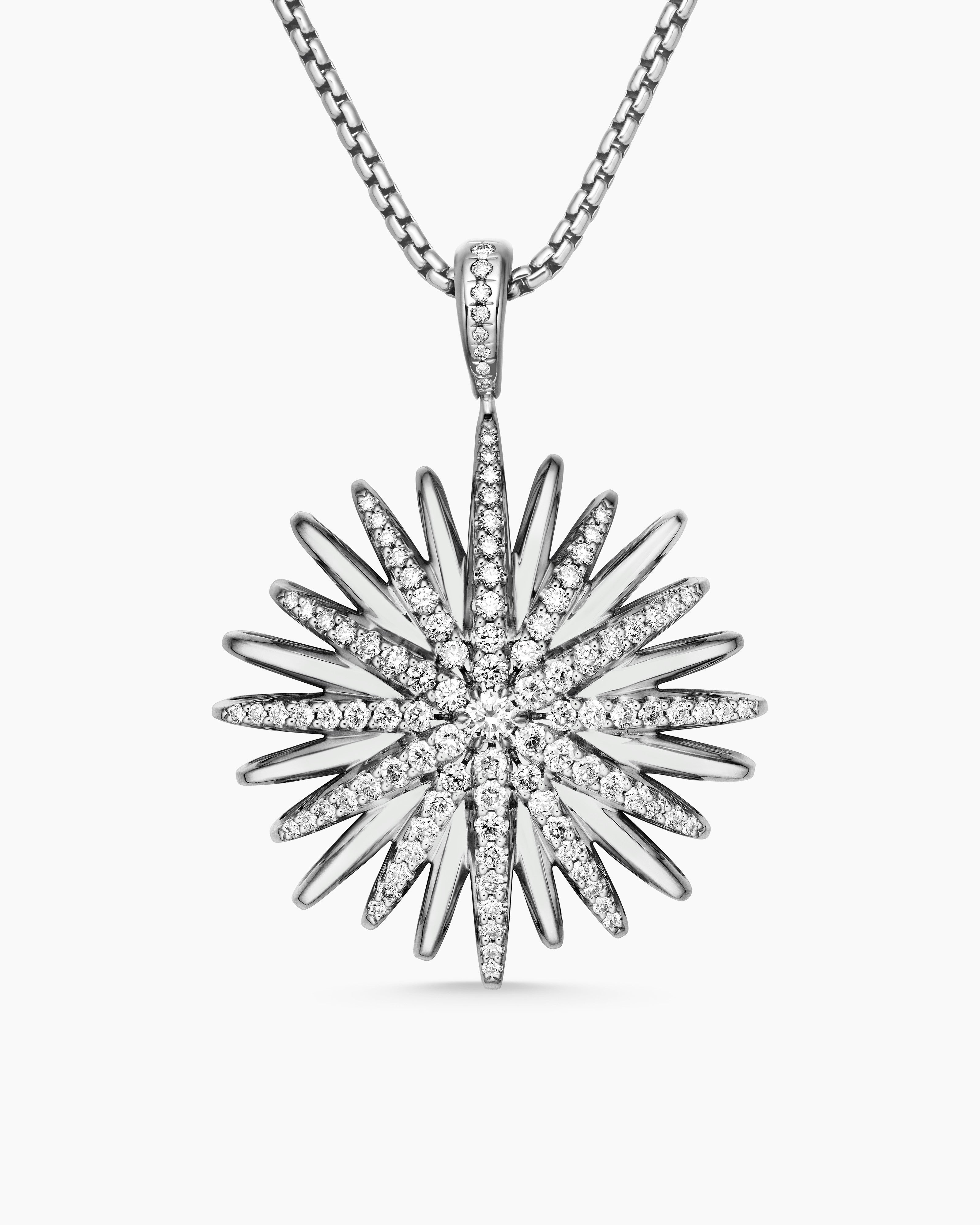 Womens Starburst Pendant in Sterling Silver with Diamonds, 32mm