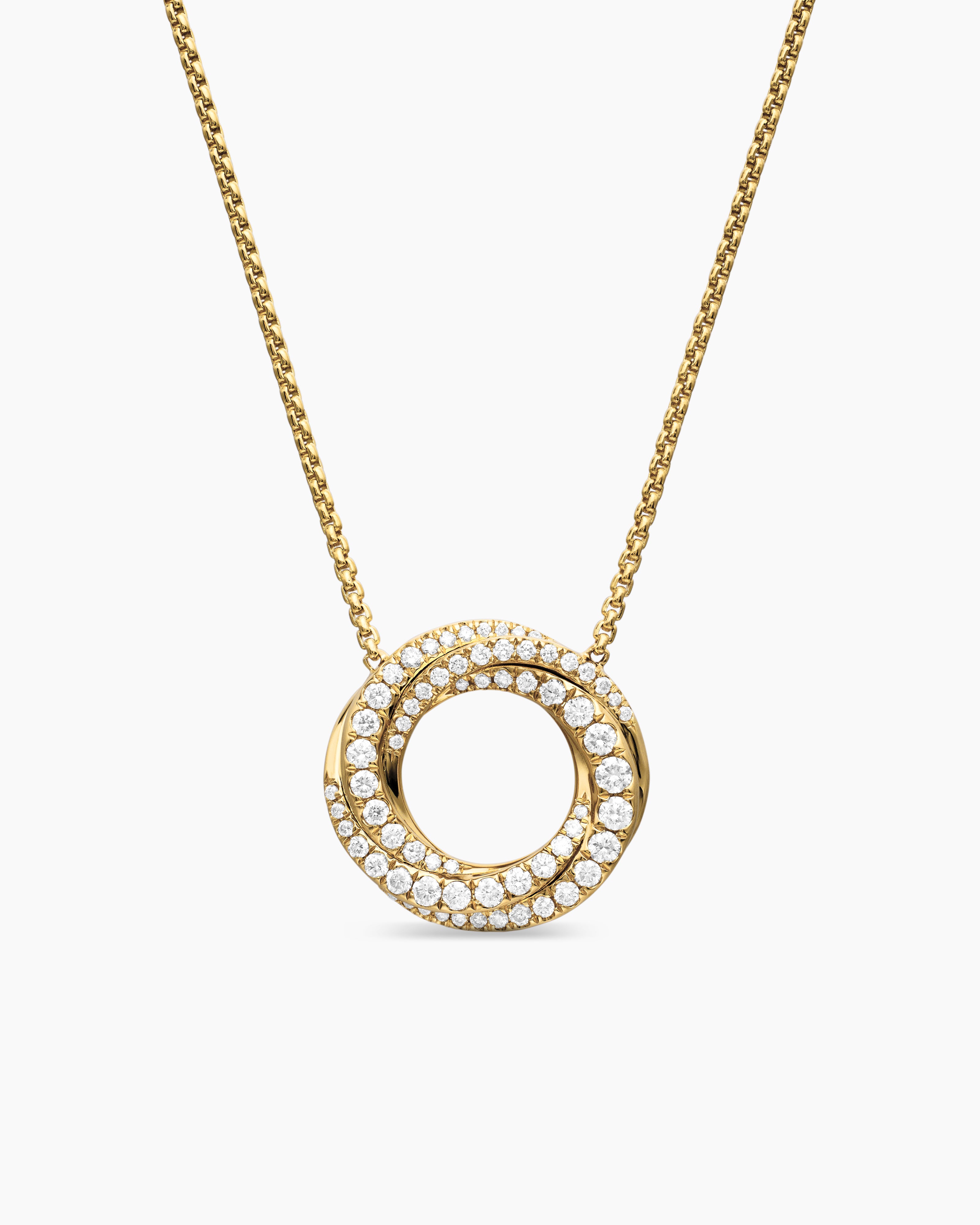 Womens Petite Pav&eacute; Crossover Pendant Necklace in 18K Yellow Gold with Diamonds, 15.5mm