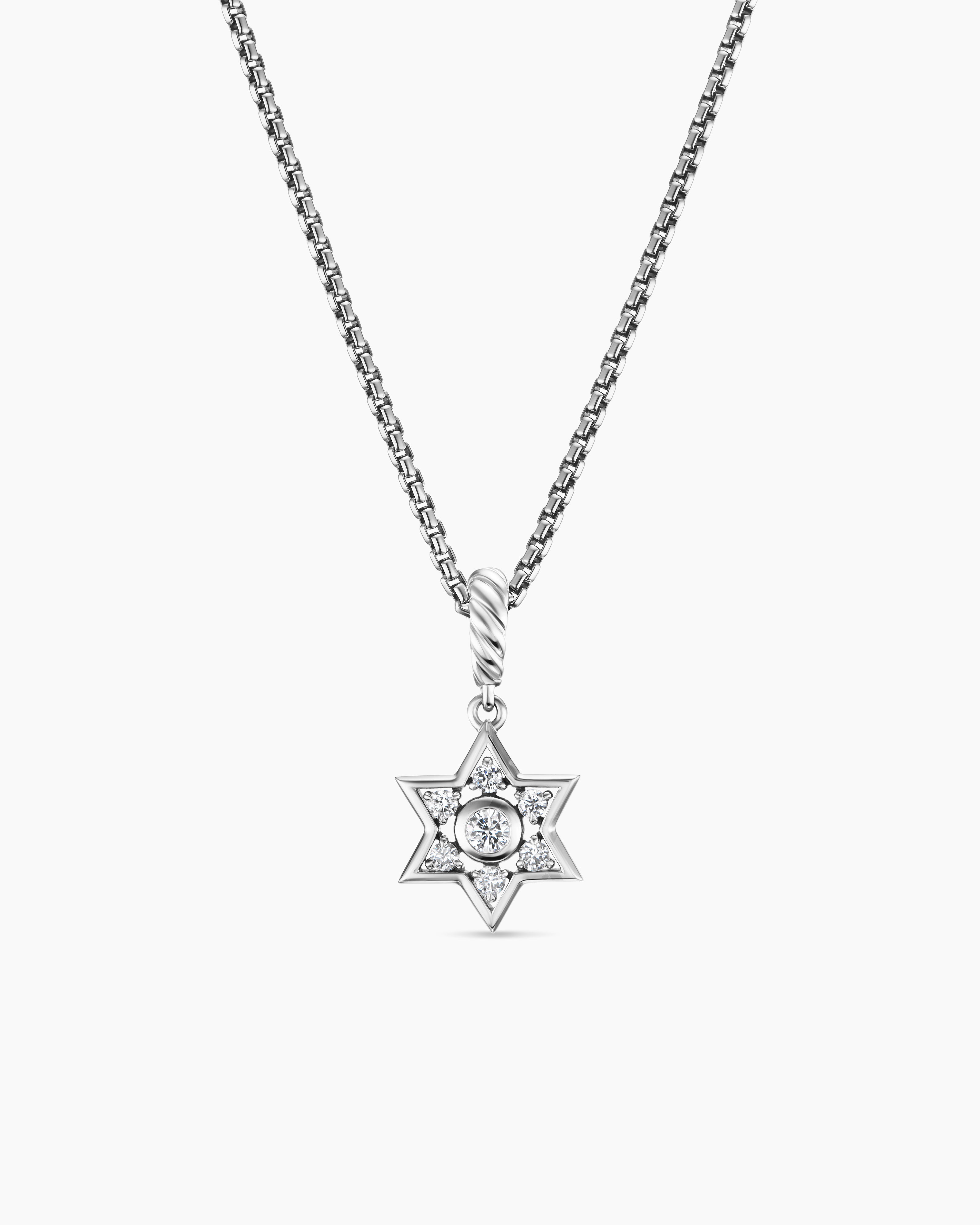 Womens Star of David Pendant Necklace in Sterling Silver with Diamonds, 12mm