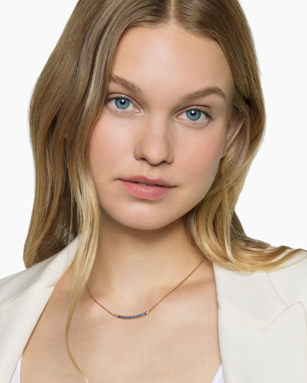 Womens Petite Pavé Bar Necklace in 18K Yellow Gold with Blue Sapphires, 1.25mm