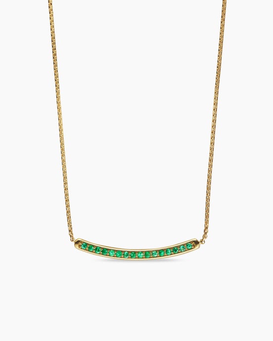 Collier barre de petite taille Pavé en or jaune 18 carats avec émeraudes, 1,25 mm