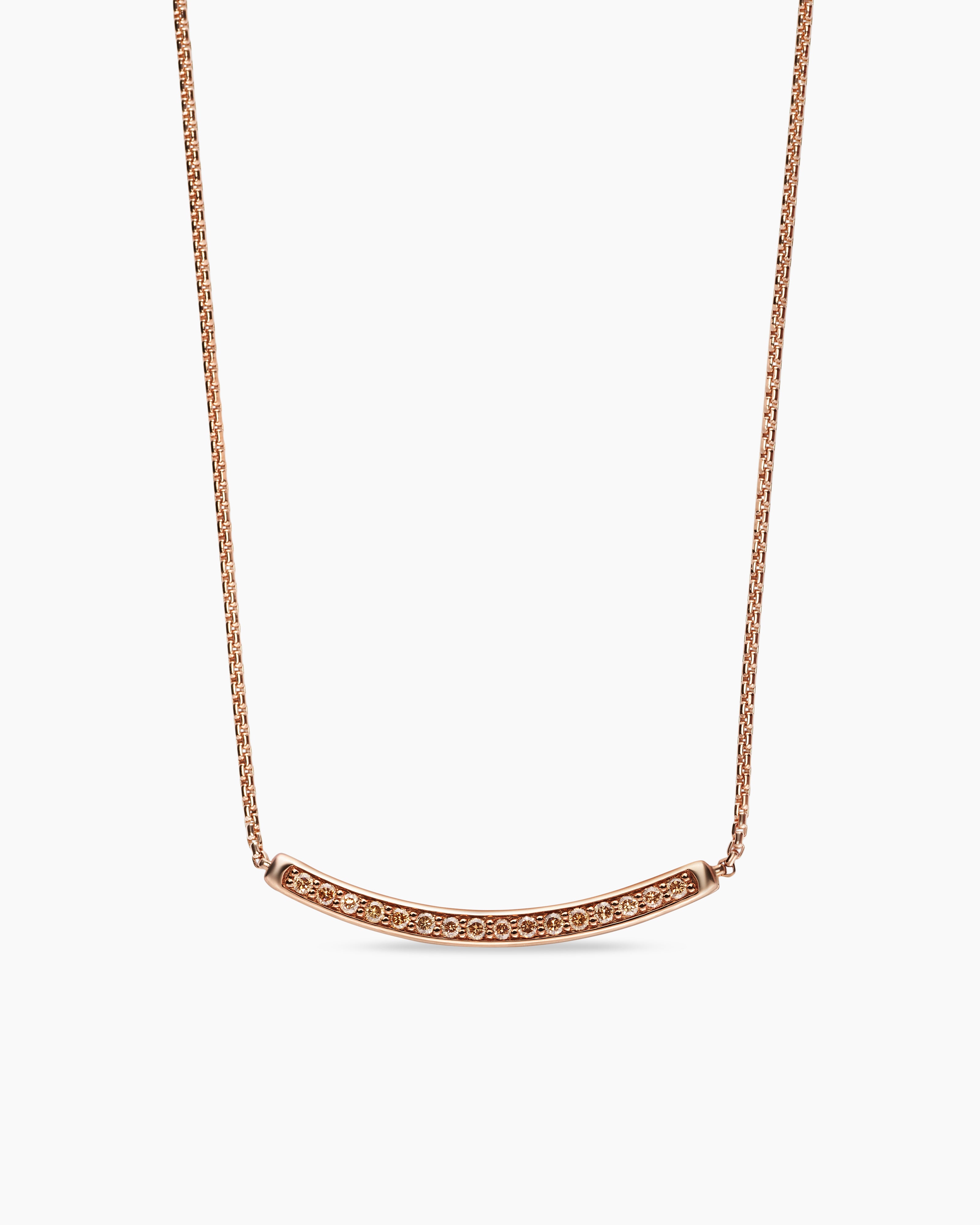 Womens Petite Pav&eacute; Bar Necklace in 18ct Rose Gold with Cognac Diamonds, 1.25mm
