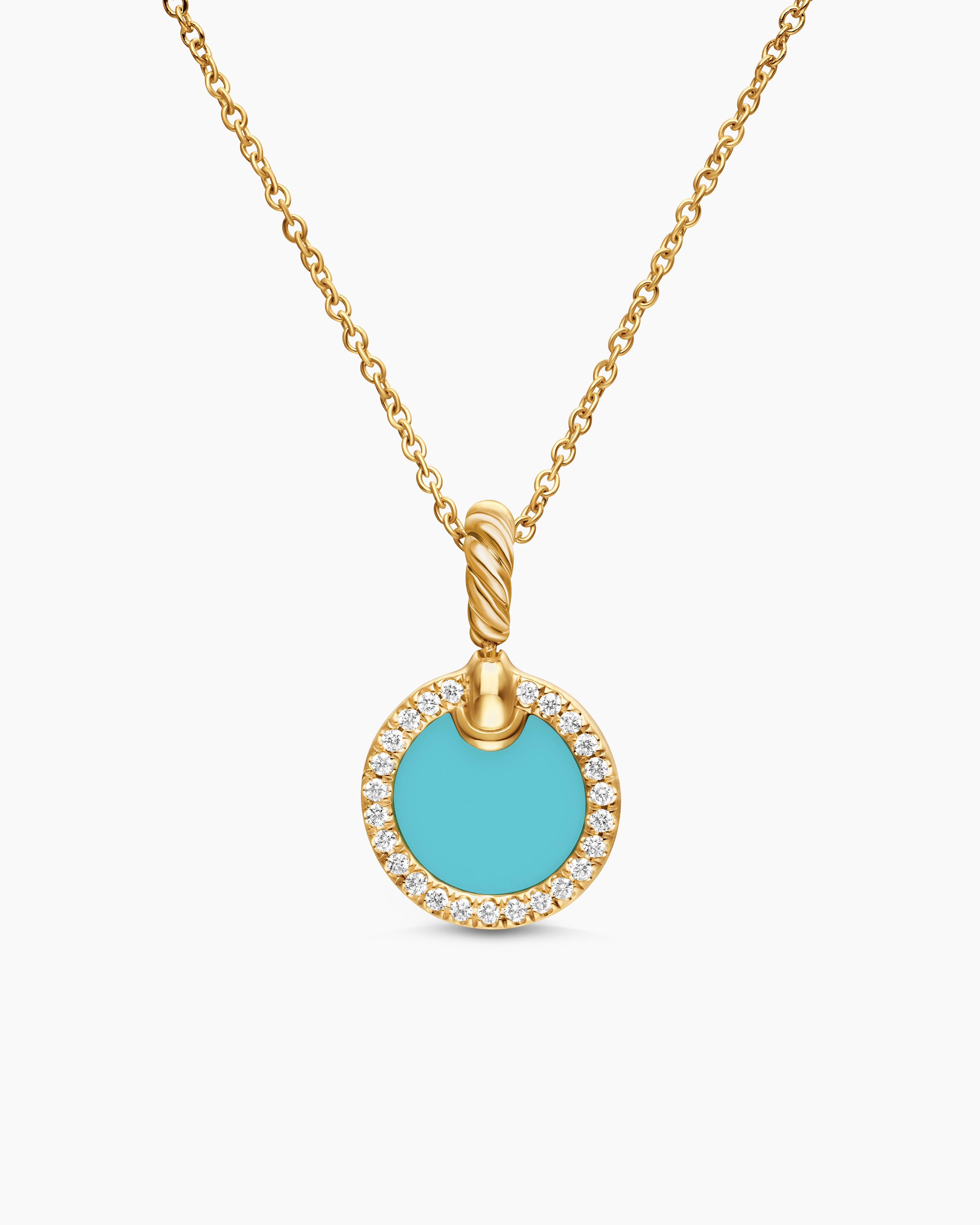 Womens Petite DY Elements&reg; Pendant Necklace in 18K Yellow Gold with Turquoise and Diamonds, 17.8mm