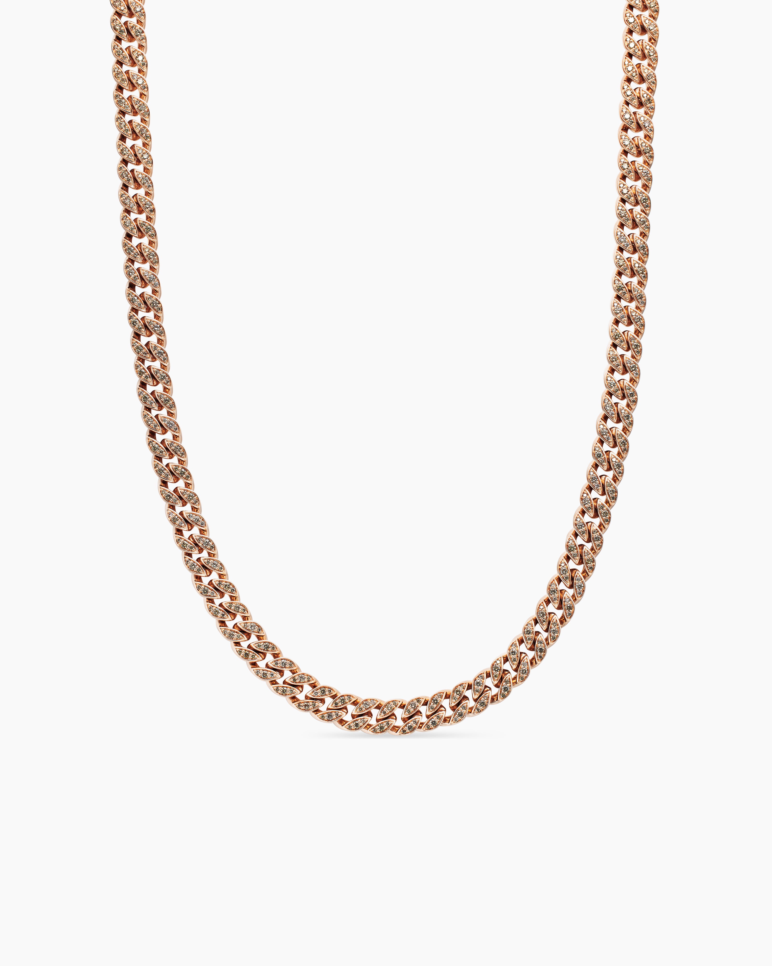 Womens Curb Chain Necklace in 18K Rose Gold with Diamonds, 7mm