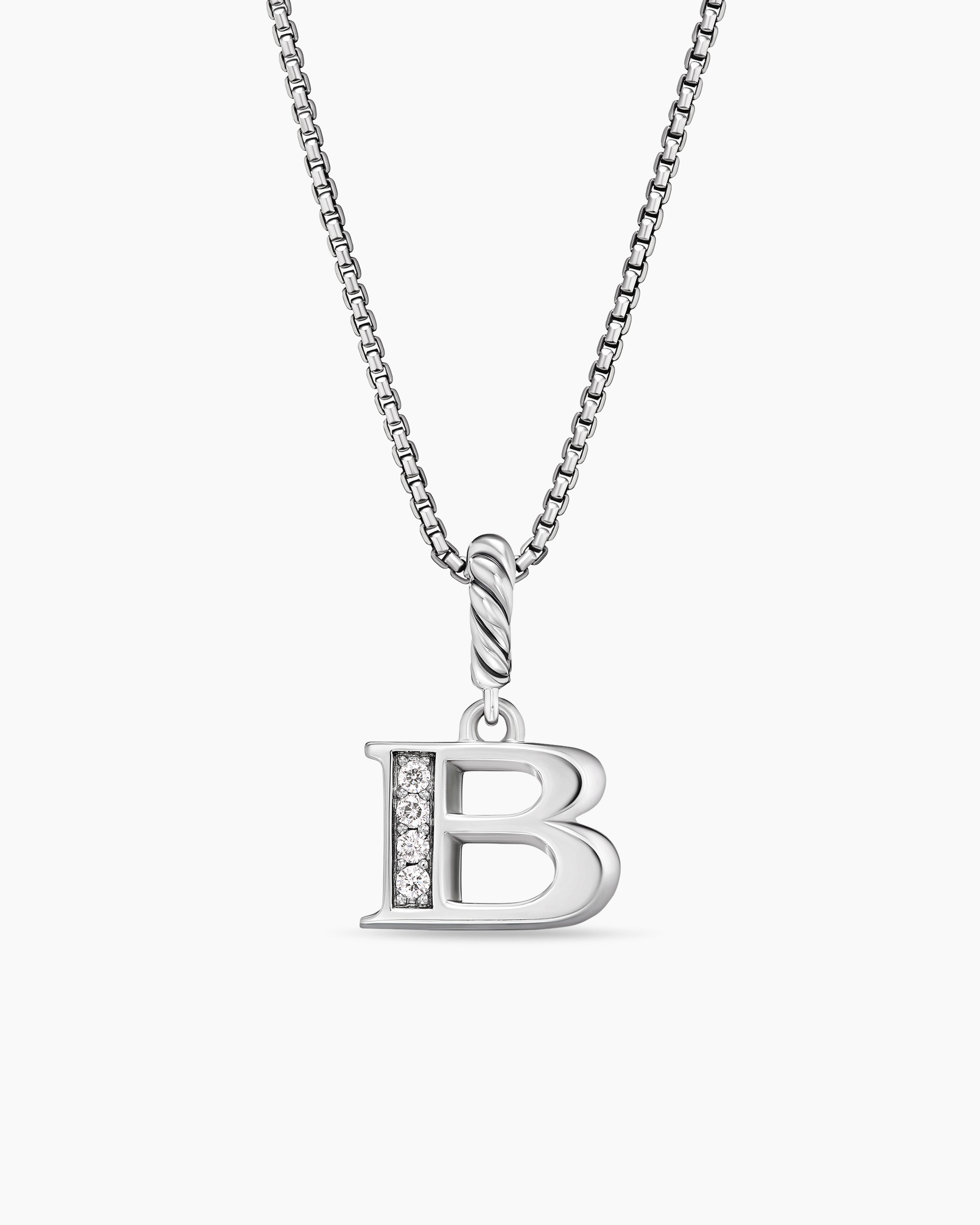 Womens Pav&eacute; Initial Pendant Necklace in Sterling Silver with Diamond B