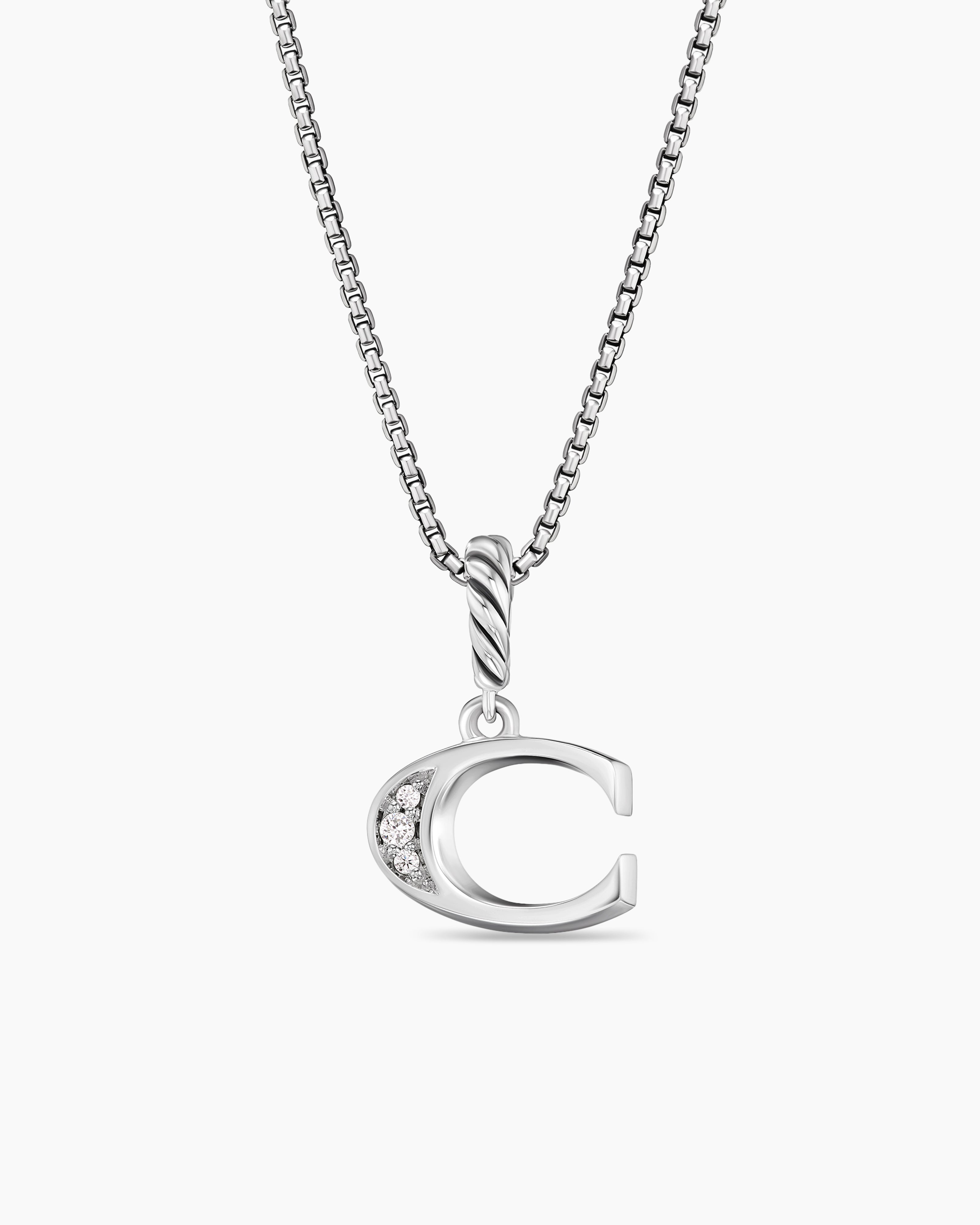 Womens Pav&eacute; Initial Pendant Necklace in Sterling Silver with Diamond C