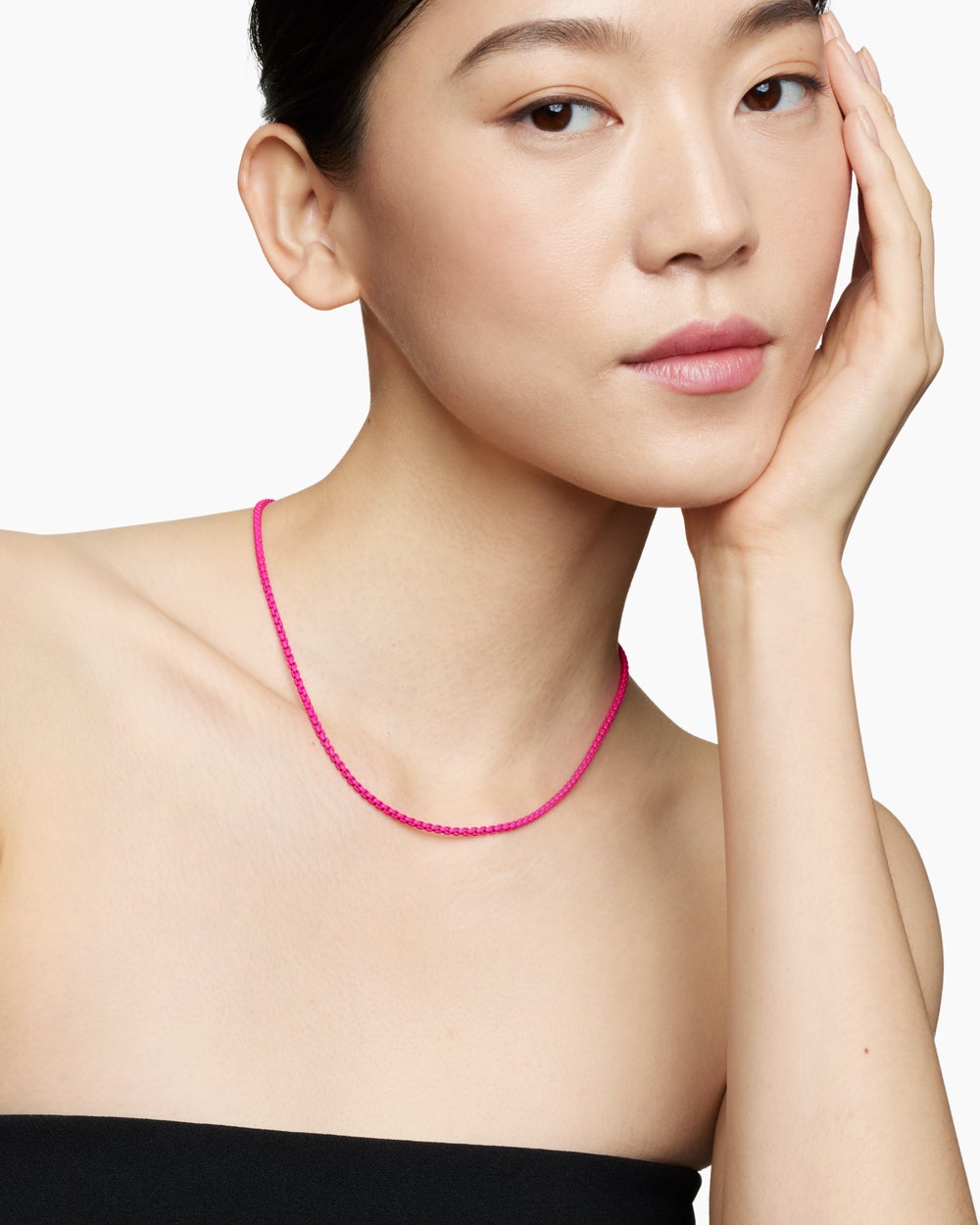 Womens DY Bel Aire Color Box Chain Necklace in Hot Pink Acrylic with 14K Rose Gold, 2.7mm