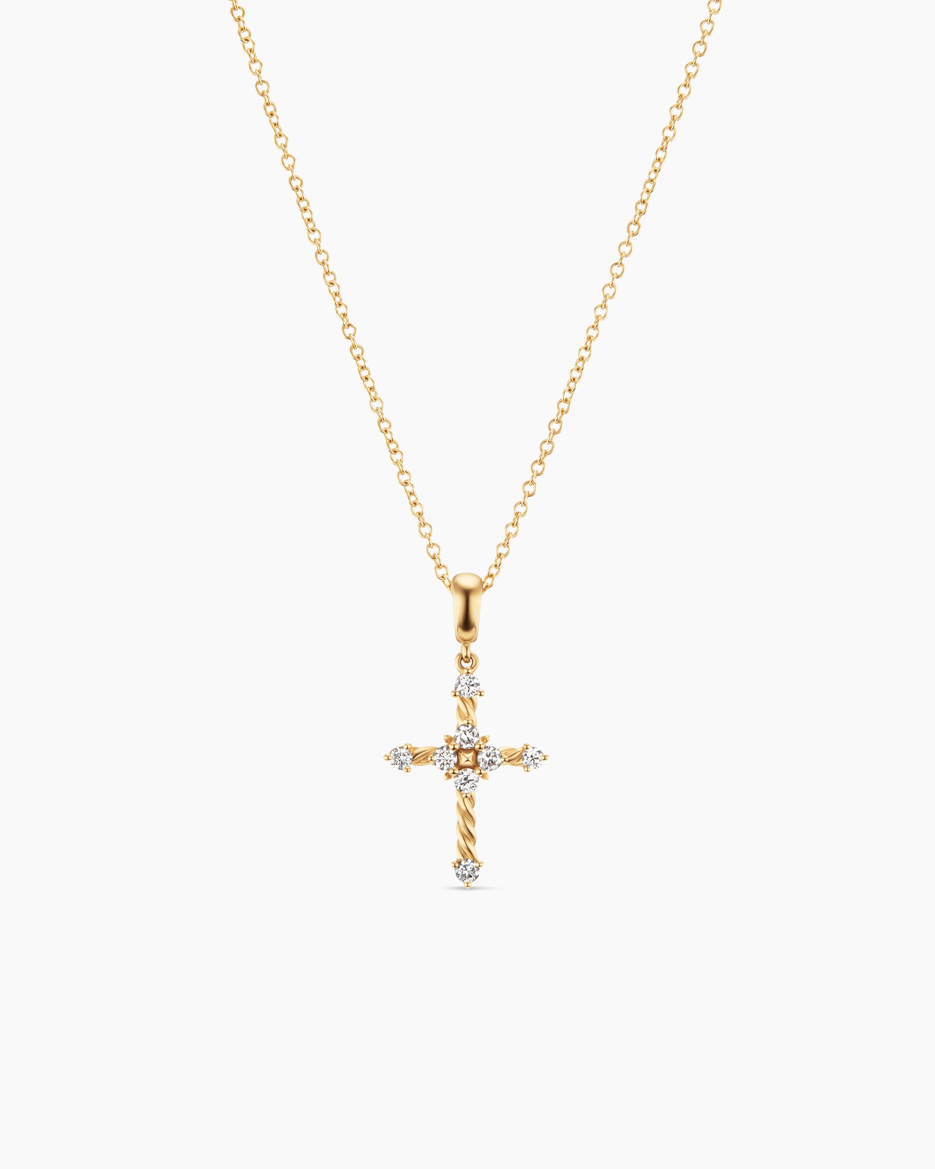 Womens Petite Modern Renaissance&reg; Cross Pendant Necklace in 18ct Yellow Gold with Diamonds, 15.9mm