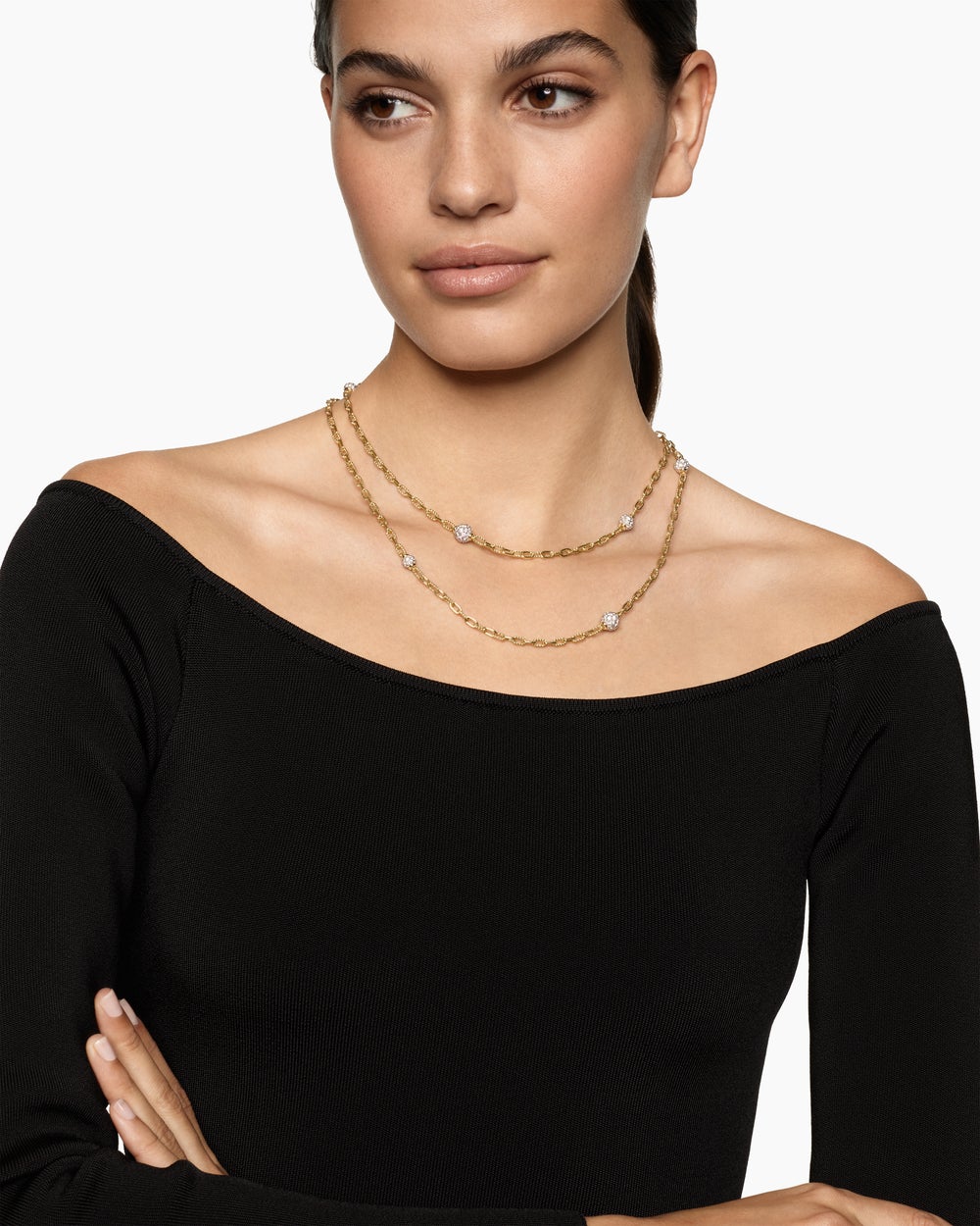 Womens DY Madison Pavé Bead Station Necklace in 18K Yellow Gold, 3mm