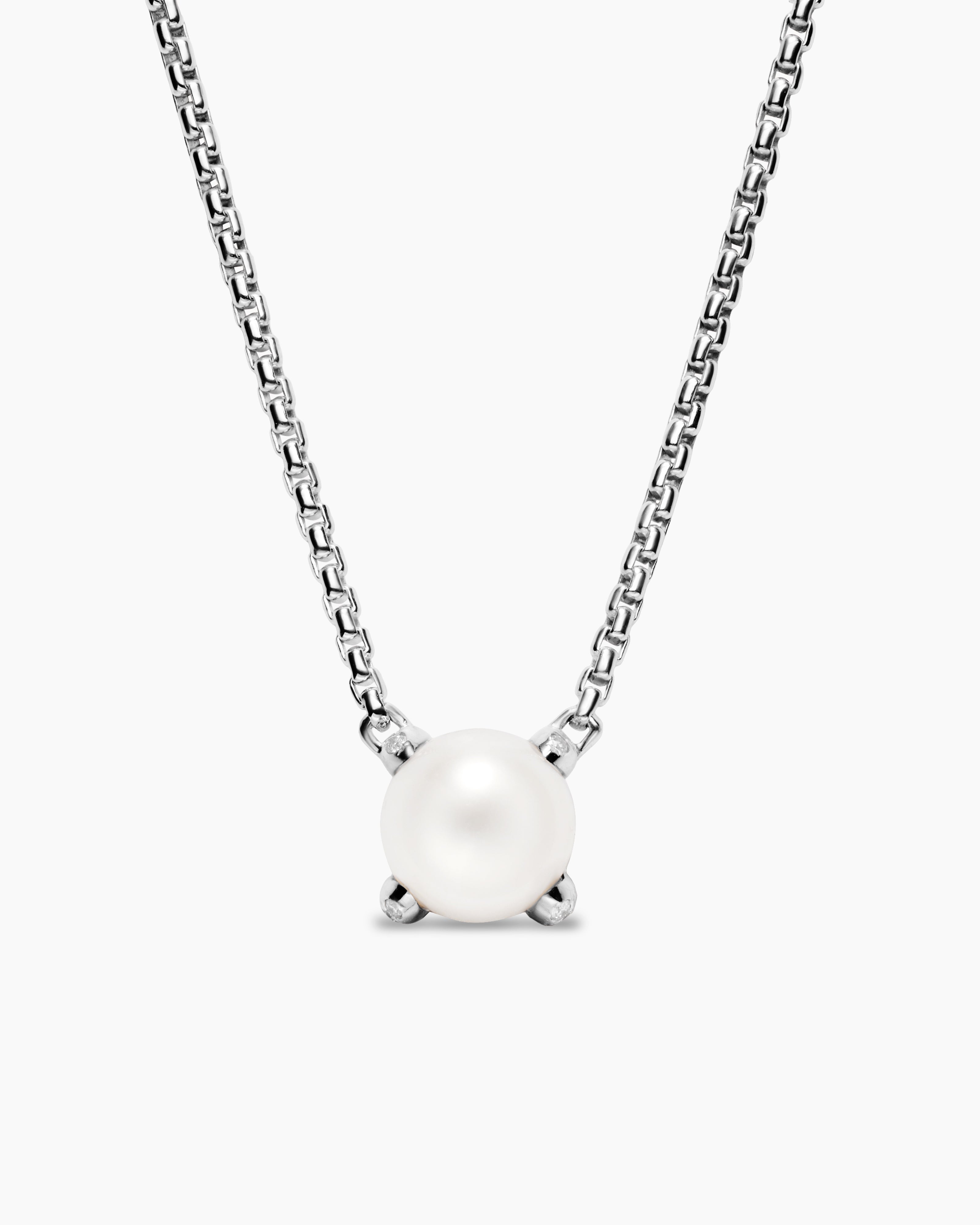 Womens Pearl Classics Necklace in Sterling Silver with Diamonds, 6.5mm