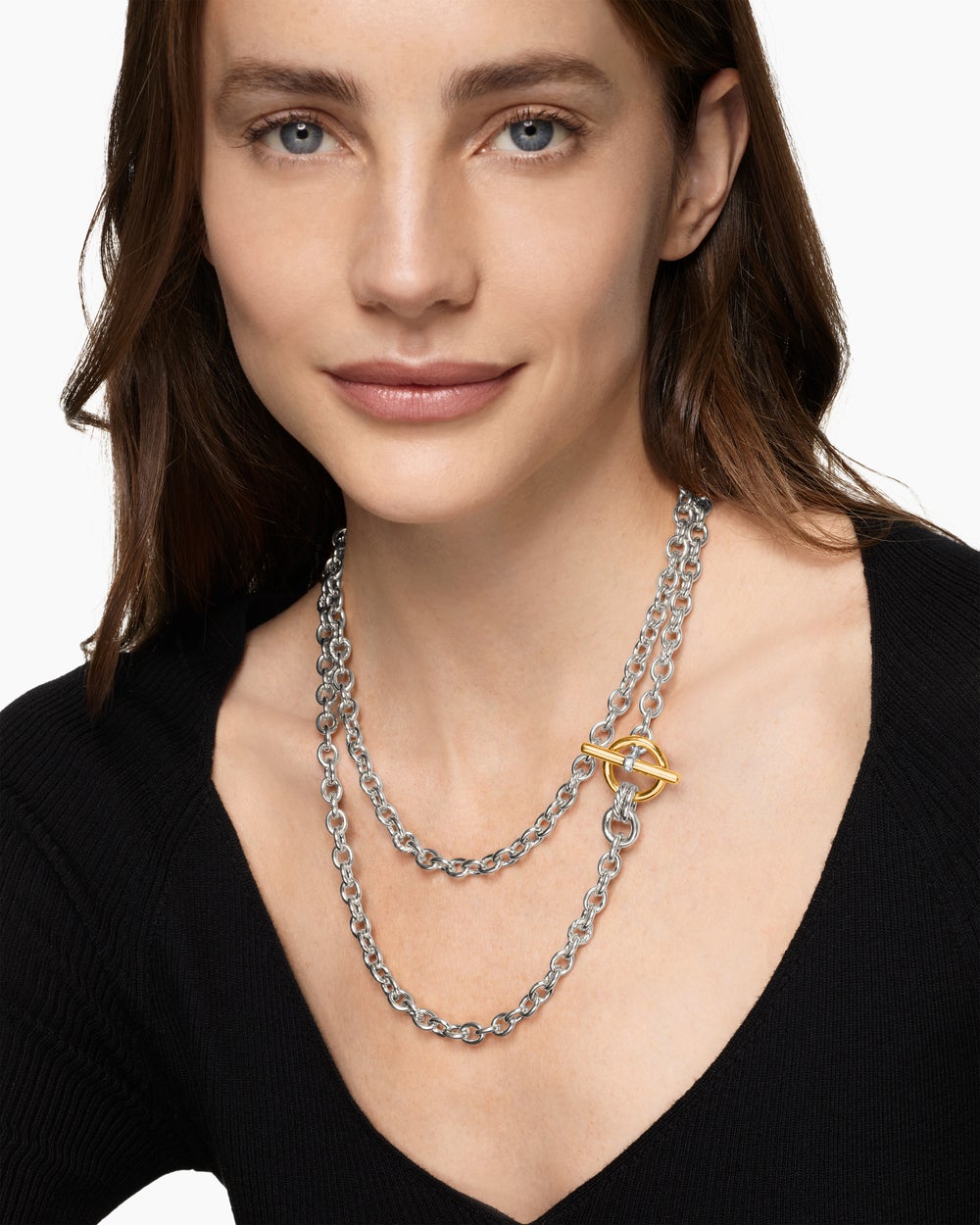 Womens DY Mercer® Double Row Toggle Chain Necklace in Sterling Silver with 18K Yellow Gold and Diamonds, 8mm