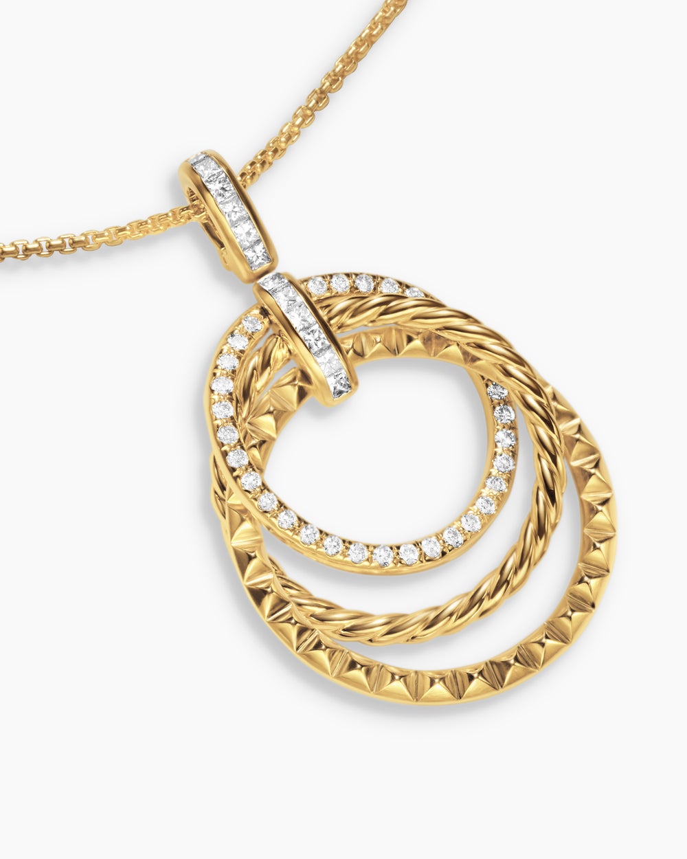 Womens Crossover Trio Pendant Necklace in 18K Yellow Gold with Diamonds, 24mm