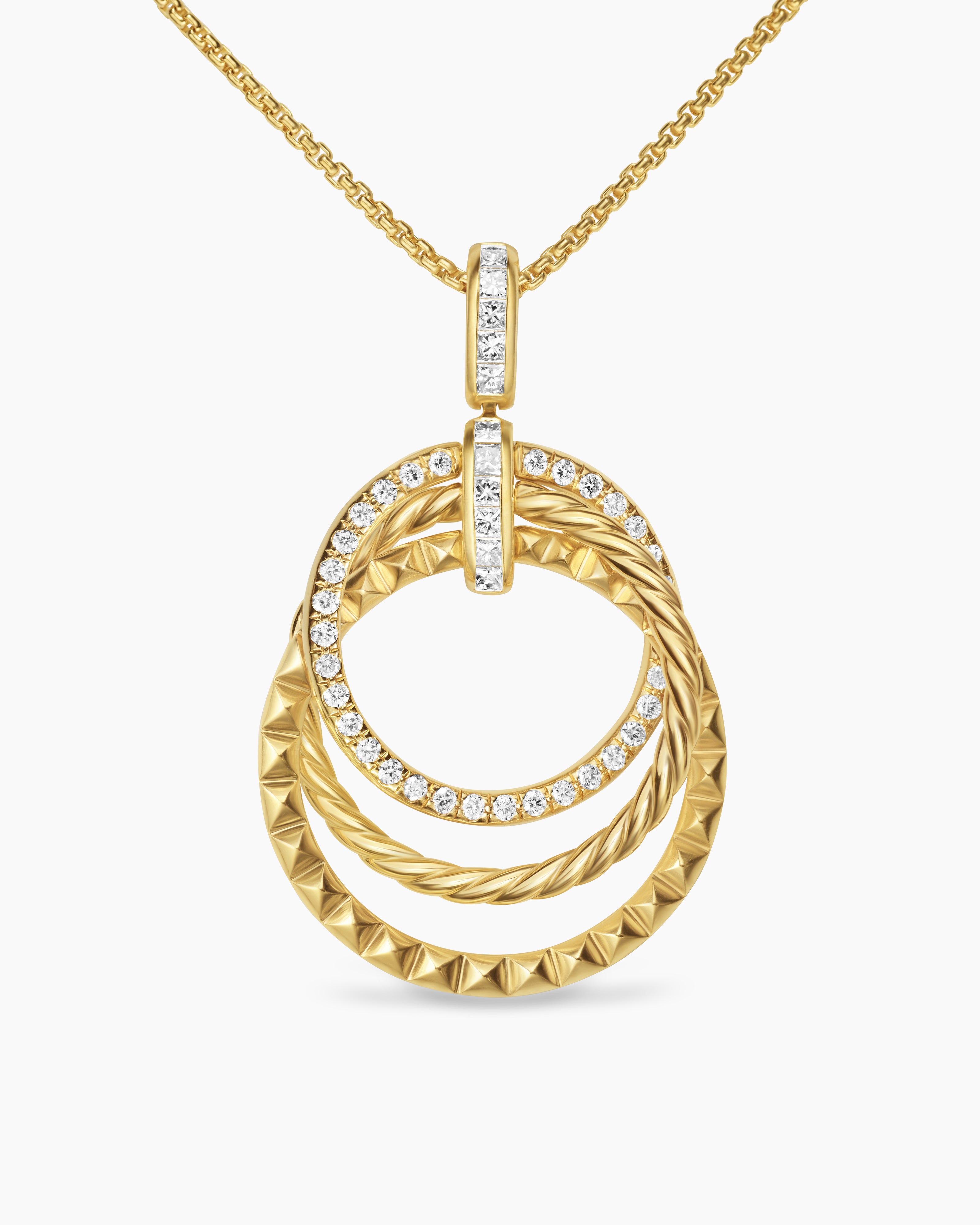 Womens Crossover Trio Pendant Necklace in 18K Yellow Gold with Diamonds, 24mm
