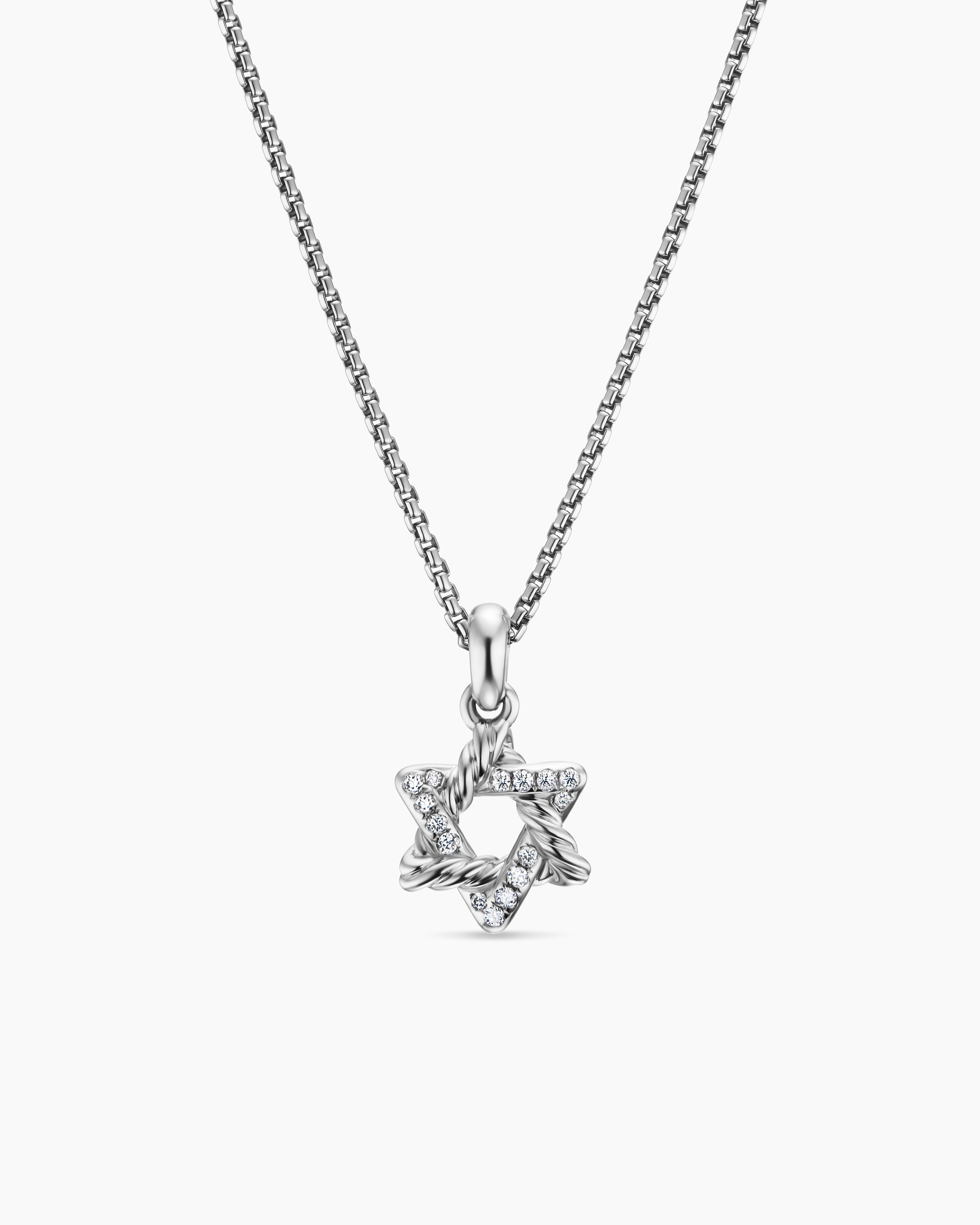 Womens Star of David Pendant Necklace in Sterling Silver with Diamonds, 12.3mm