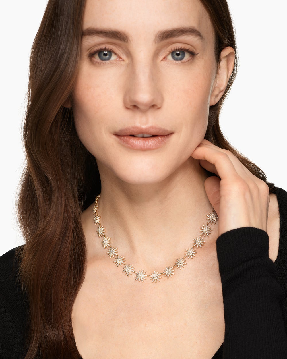 Womens Starburst Tennis Necklace in 18K Yellow Gold with Diamonds, 12.5mm