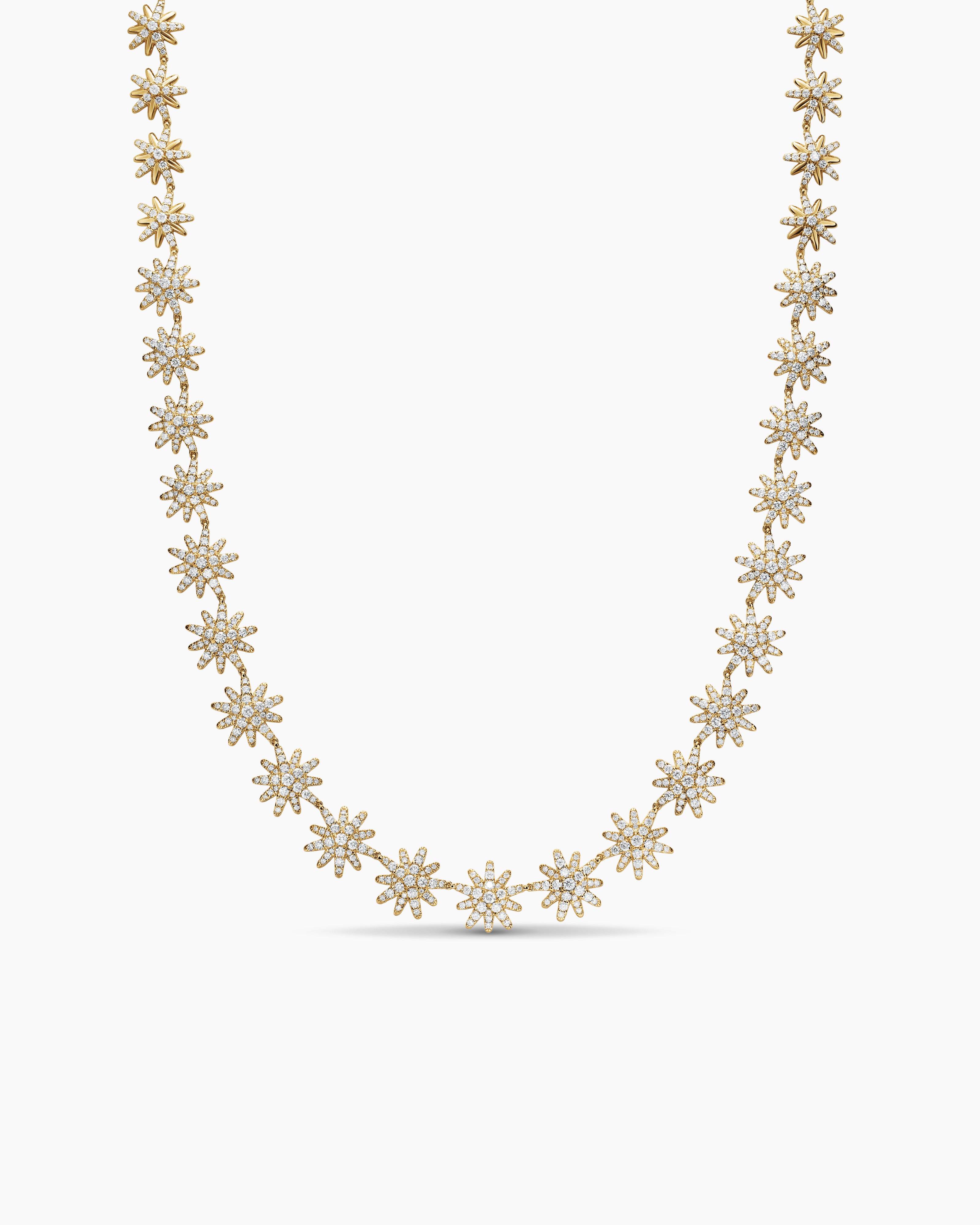 Womens Starburst Tennis Necklace in 18K Yellow Gold with Diamonds, 12.5mm