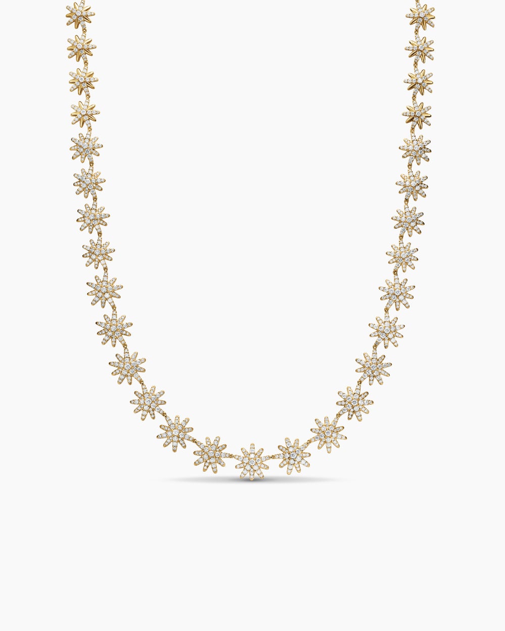 Womens Starburst Tennis Necklace in 18K Yellow Gold with Diamonds, 12.5mm