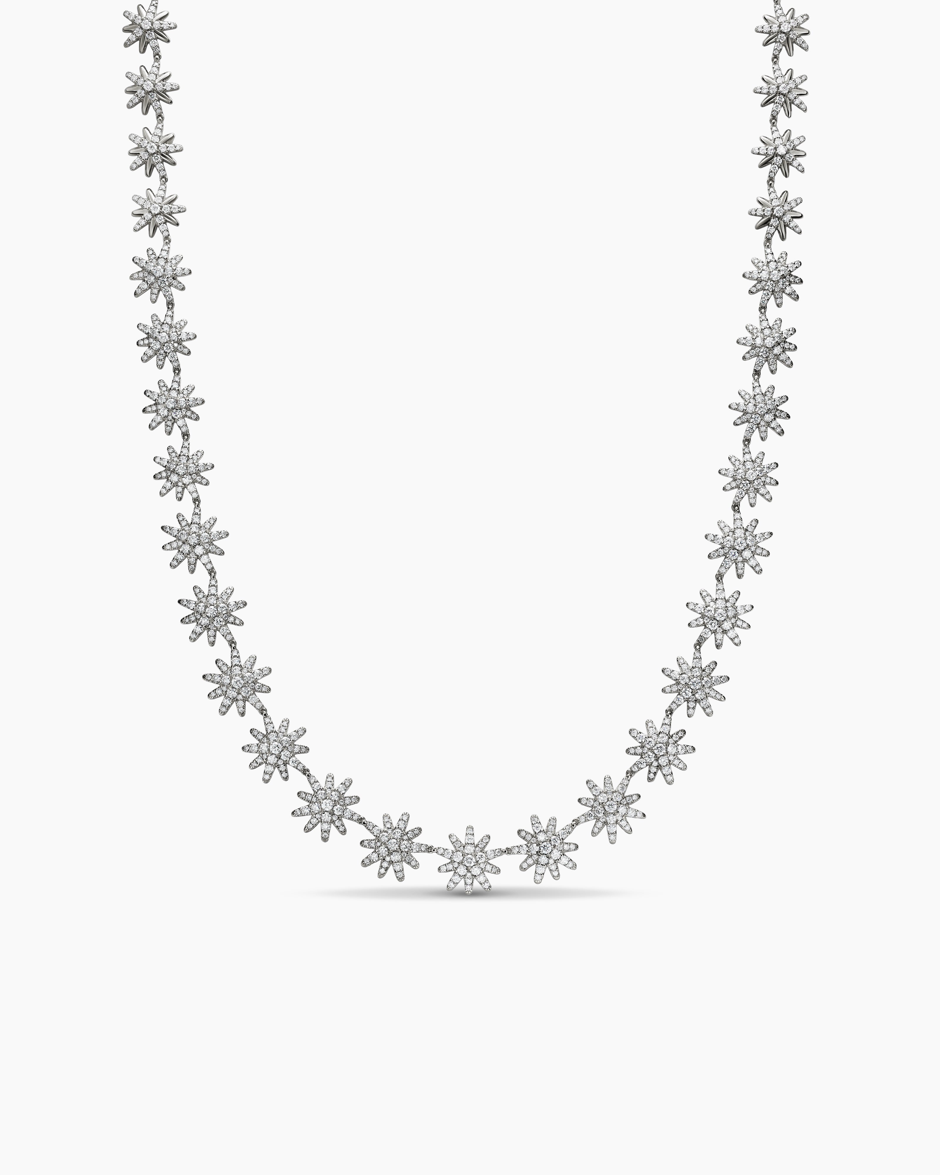 Womens Starburst Tennis Necklace in 18K White Gold with Diamonds, 12.5mm