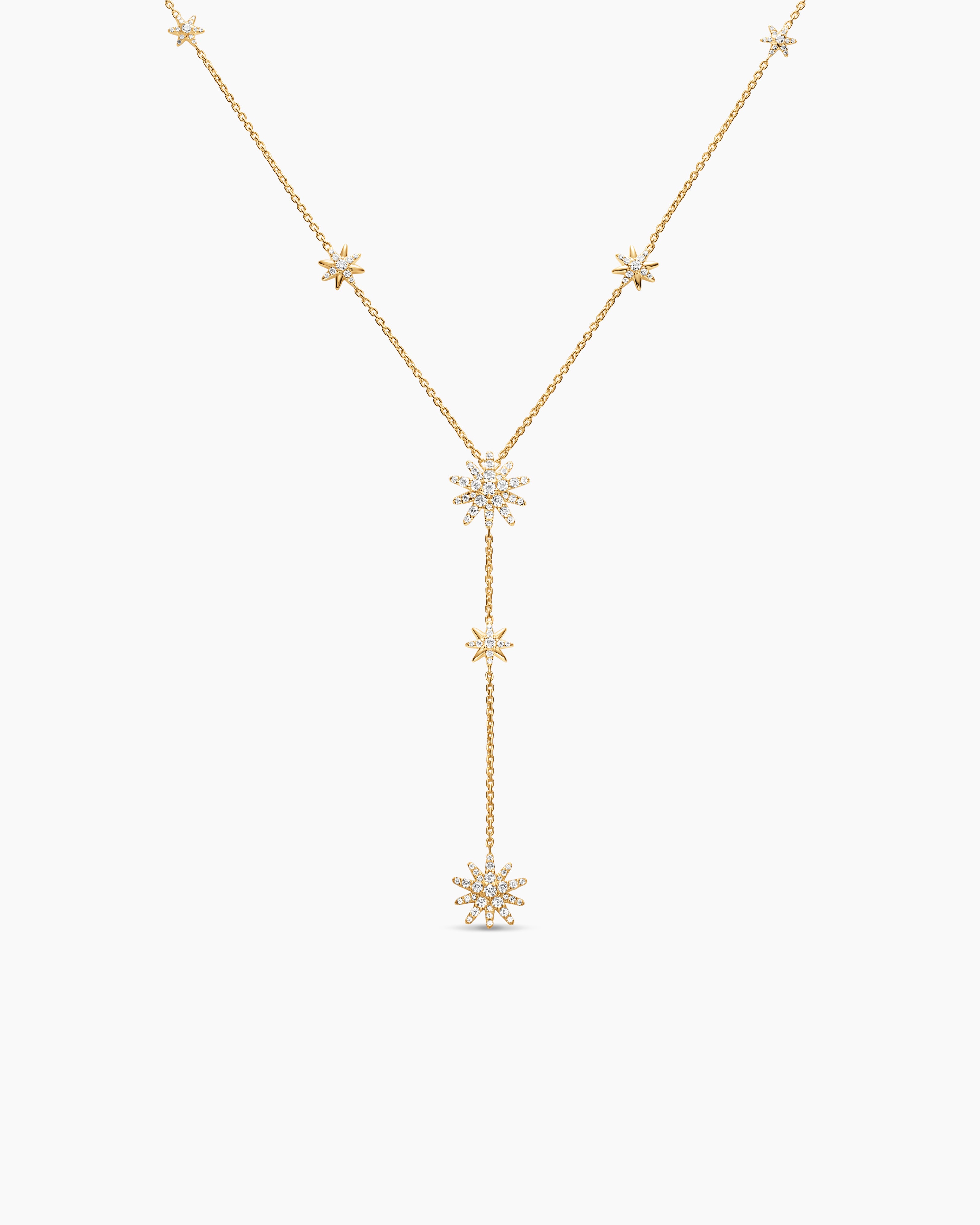 Womens Starburst Y Necklace in 18K Yellow Gold with Diamonds, 76.7mm