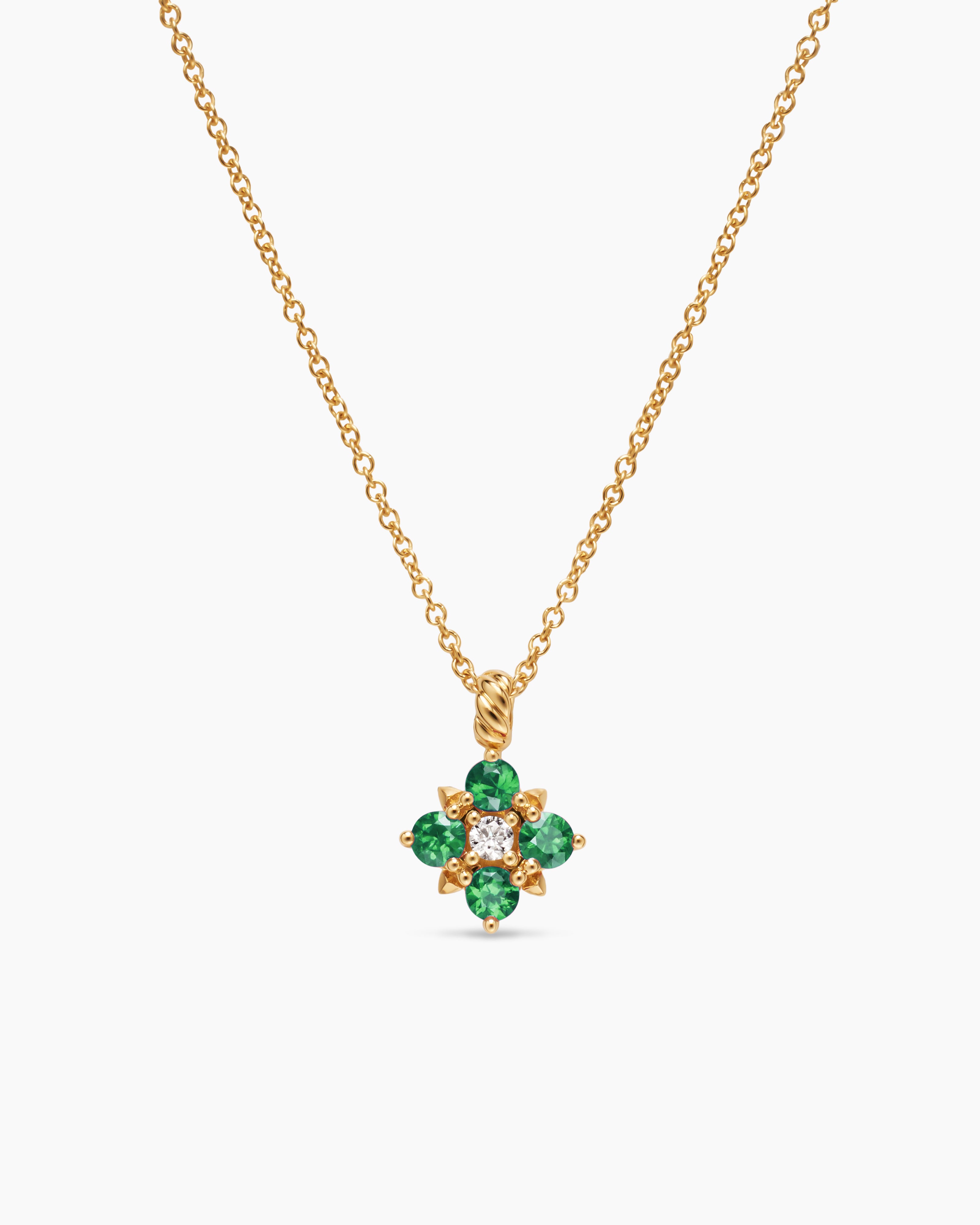 Womens Petite Modern Renaissance&reg; Pendant Necklace in 18K Yellow Gold with Emeralds and Diamond, 9.2mm