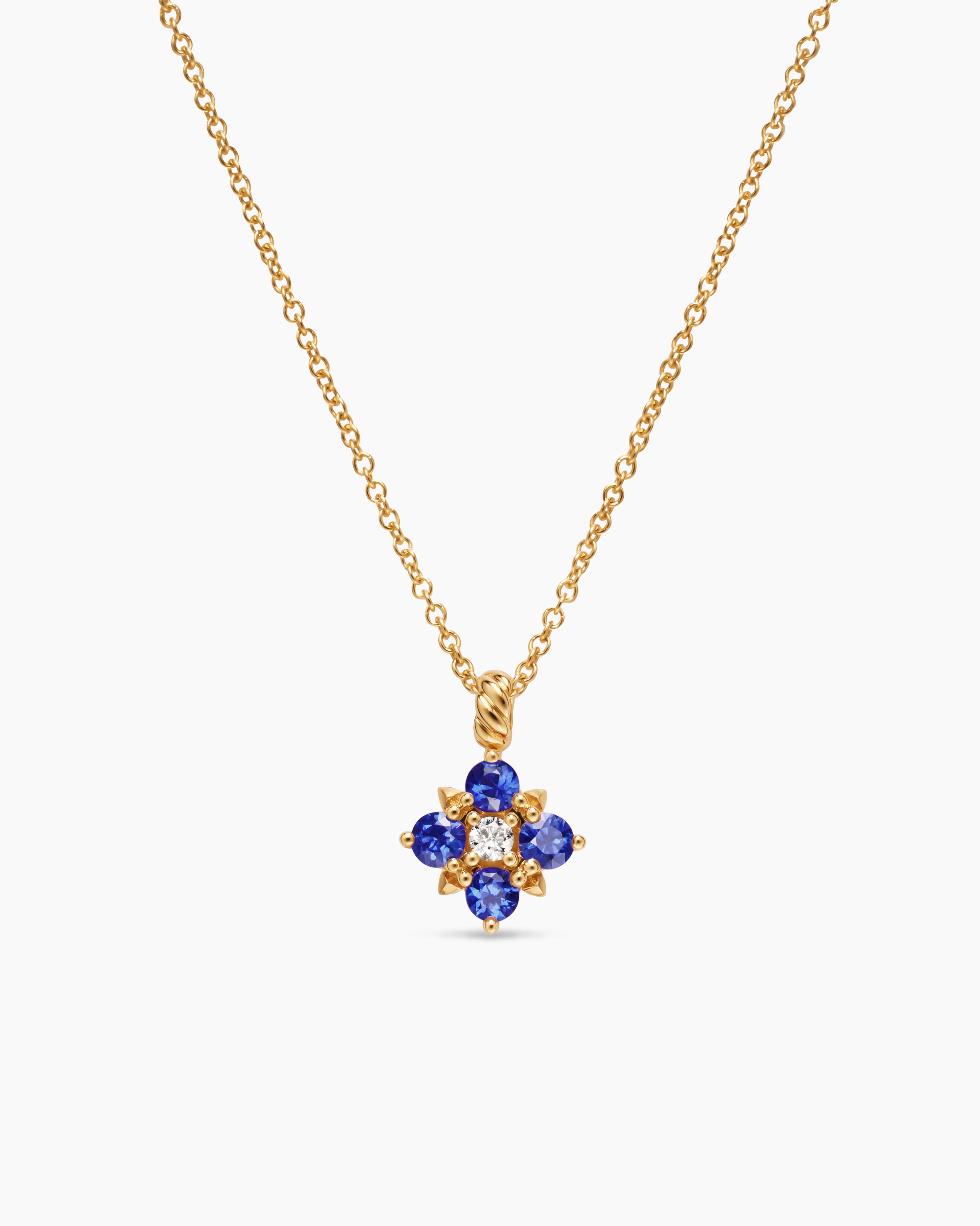 Womens Petite Modern Renaissance&reg; Pendant Necklace in 18K Yellow Gold with Sapphires and Diamond, 9.2mm