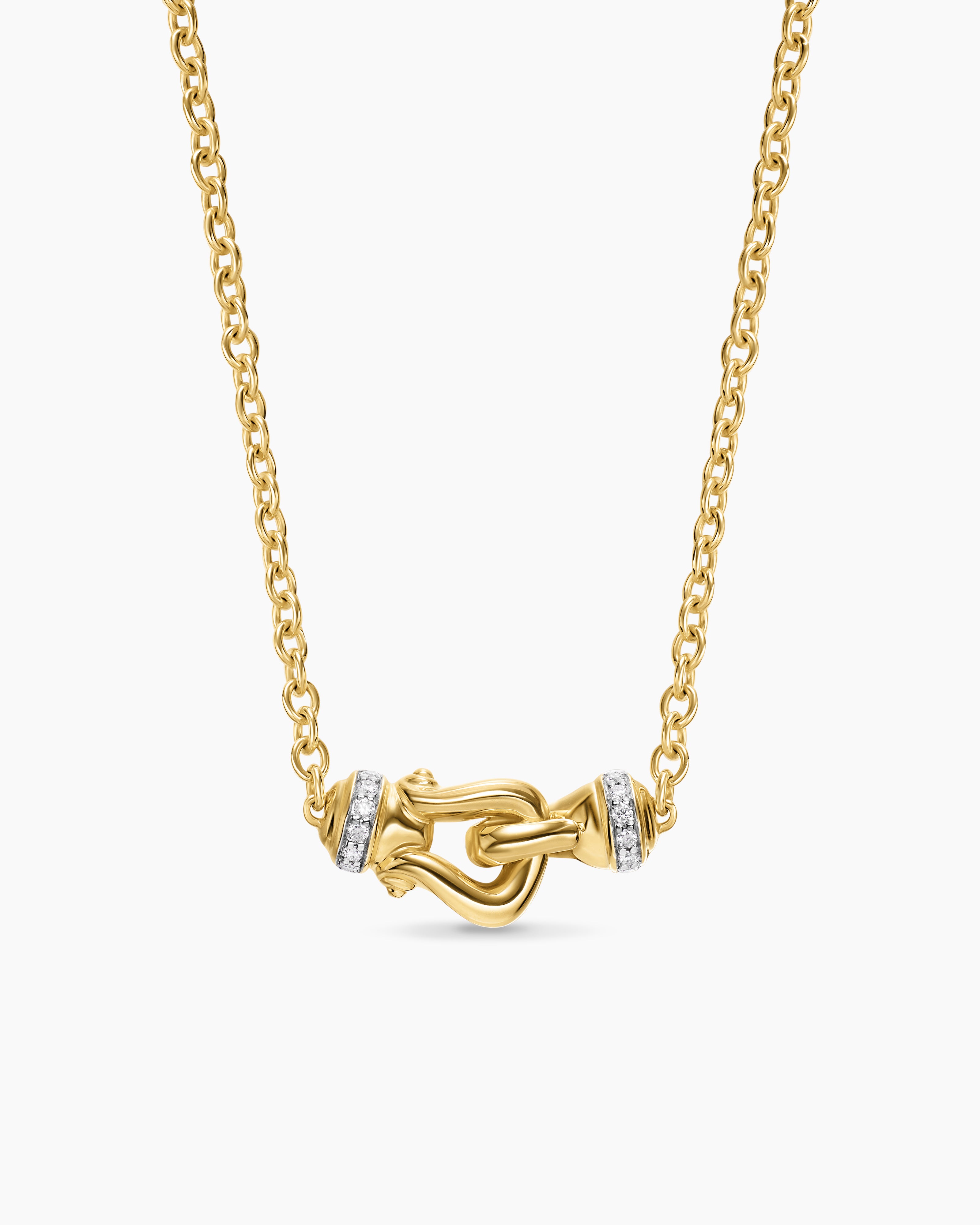 Womens Petite Buckle Necklace in 18K Yellow Gold with Diamonds, 16.3mm