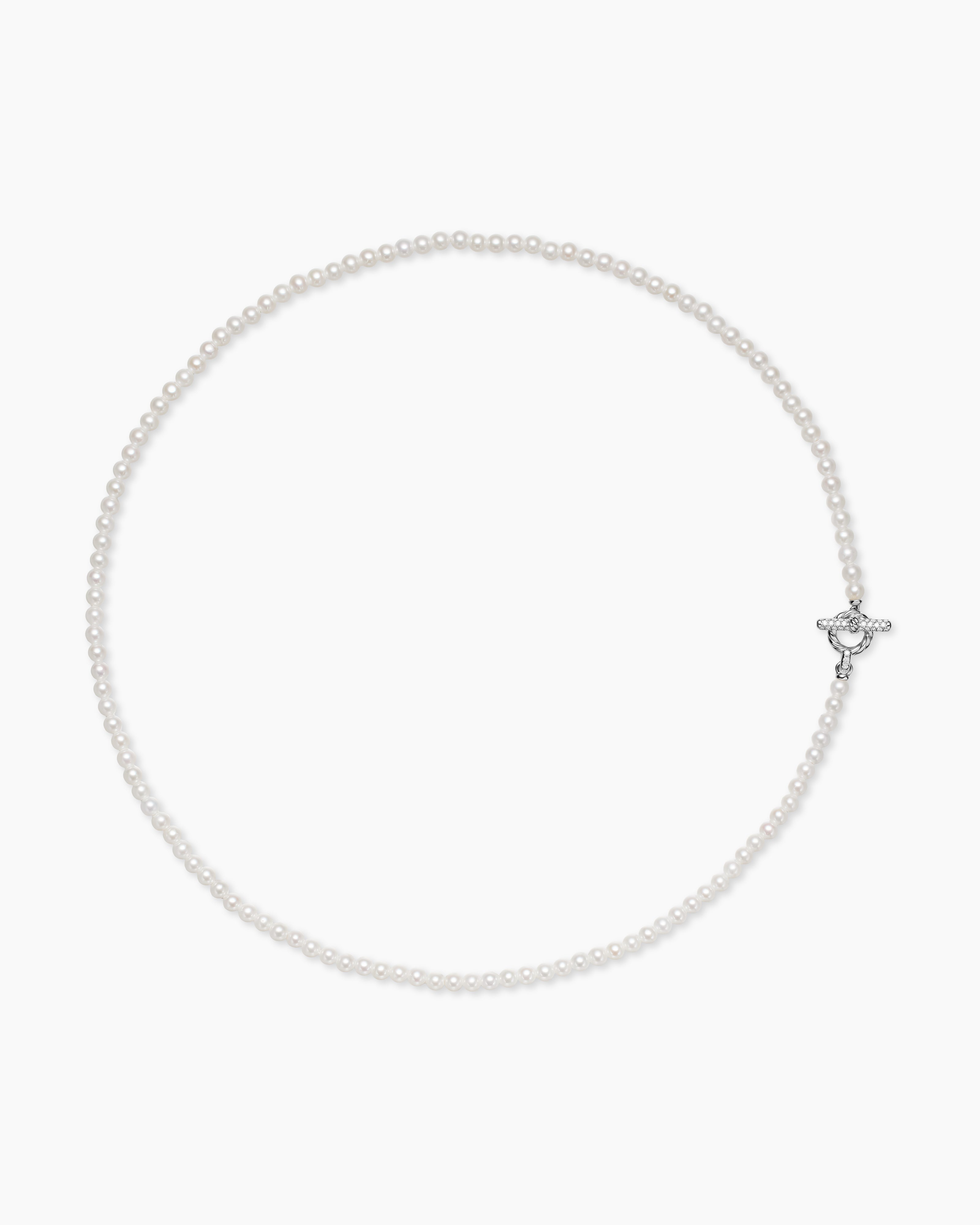 Womens Pearl Classics Petite Toggle Necklace in Sterling Silver with Diamonds, 3mm