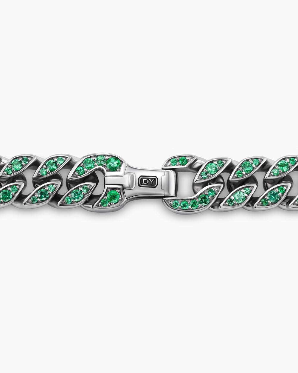 Mens Curb Chain Necklace in 18K White Gold with Emeralds, 11.5mm