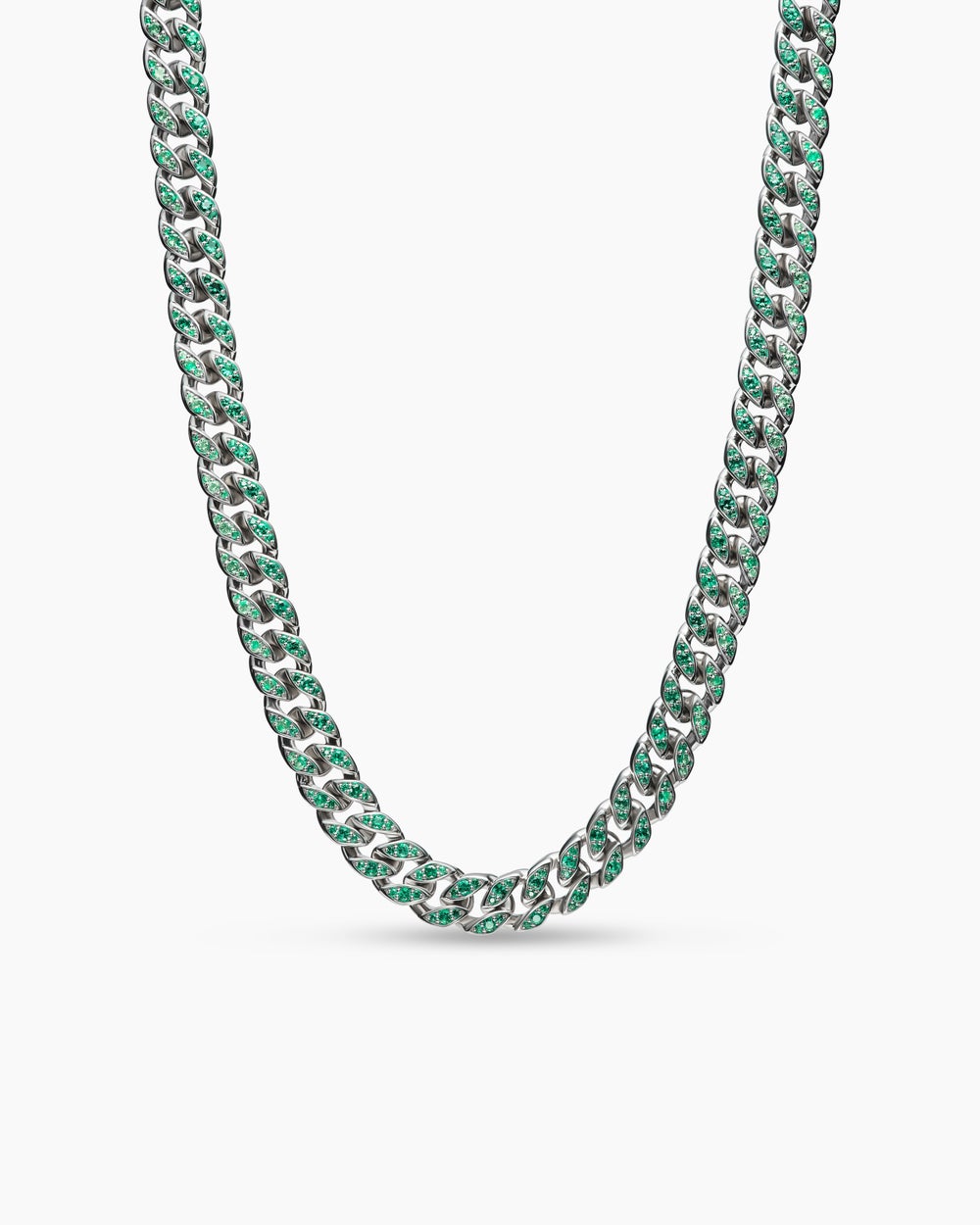 Mens Curb Chain Necklace in 18K White Gold with Emeralds, 11.5mm