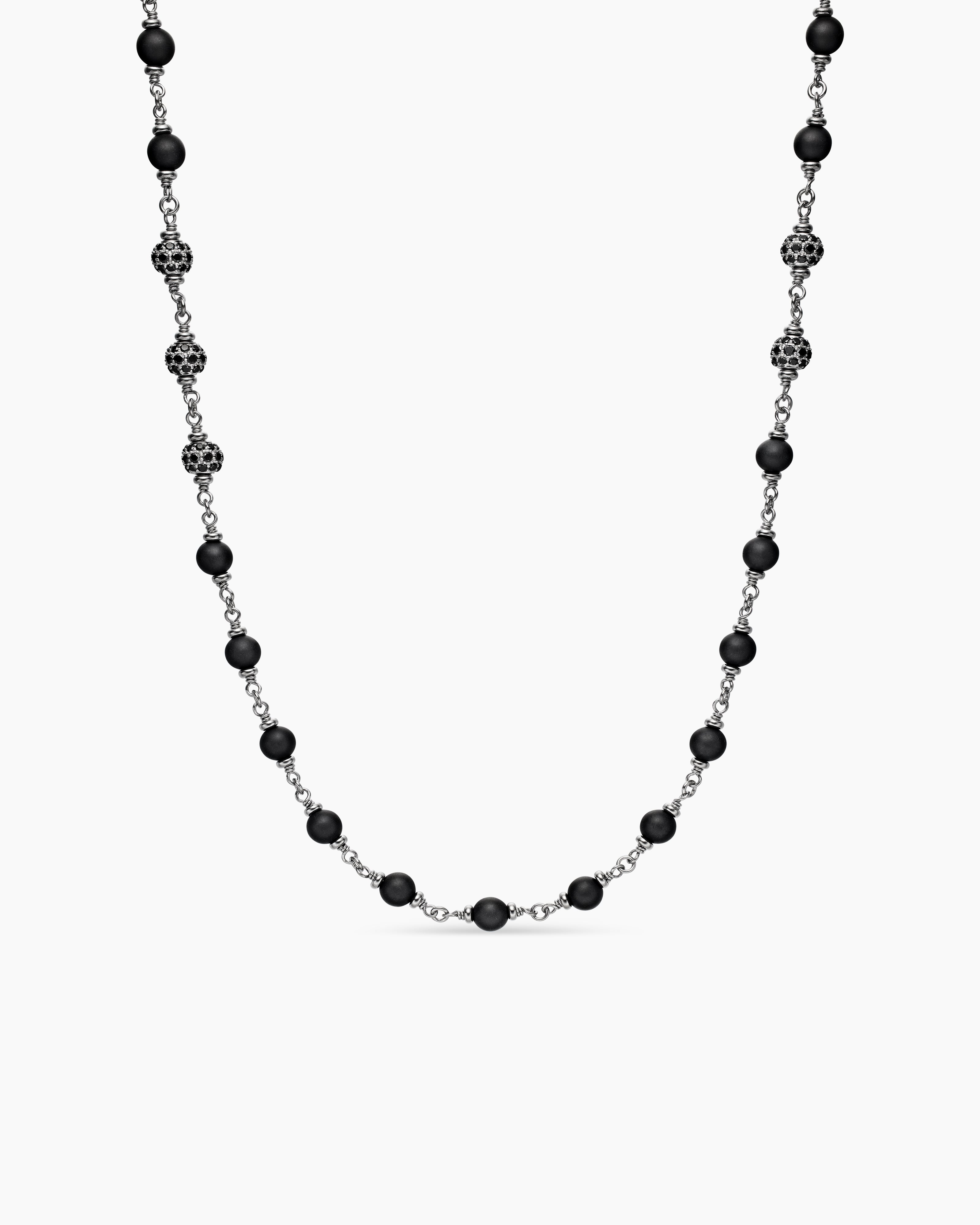 Mens Spiritual Beads Necklace in Sterling Silver with Black Onyx and Black Diamonds, 6mm