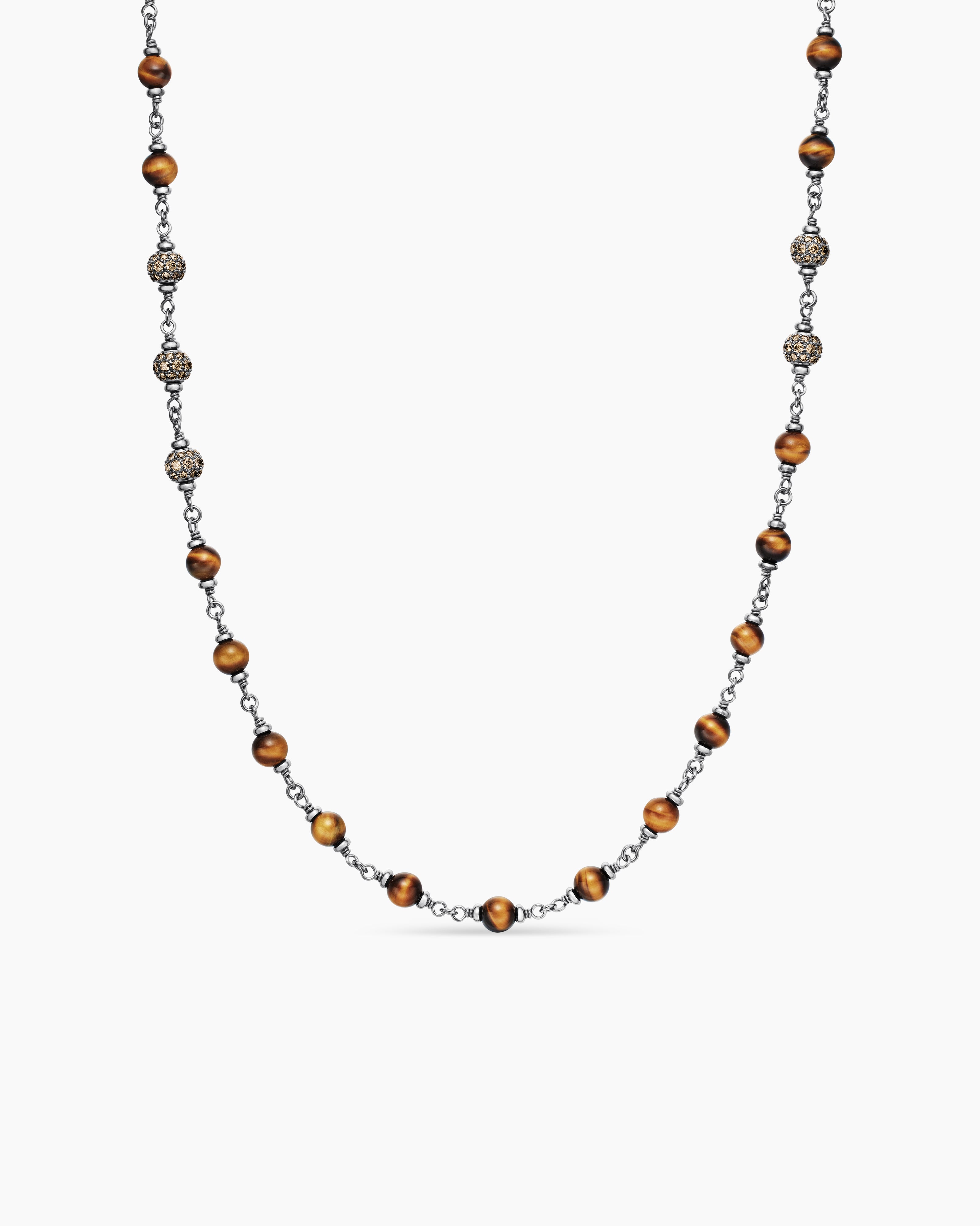 Mens Spiritual Beads Necklace in Sterling Silver with Tiger&rsquo;s Eye and Cognac Diamonds, 6mm