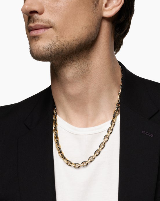Streamline® Oval Link Necklace in 18K Yellow Gold with Forged Carbon and Diamonds, 8.5mm