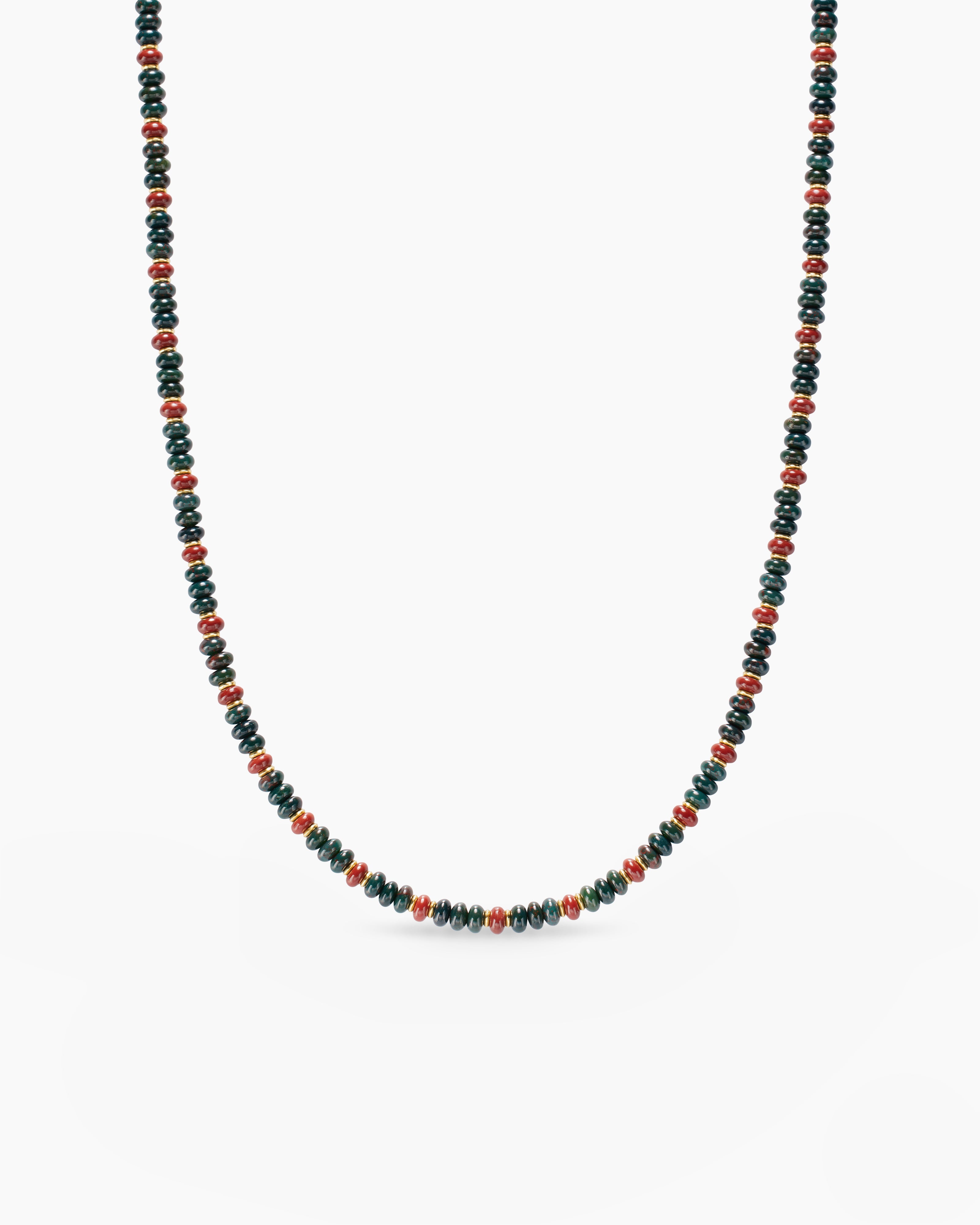 Mens Spiritual Beads Necklace in 18K Yellow Gold with Bloodstone and Red Jasper, 4mm