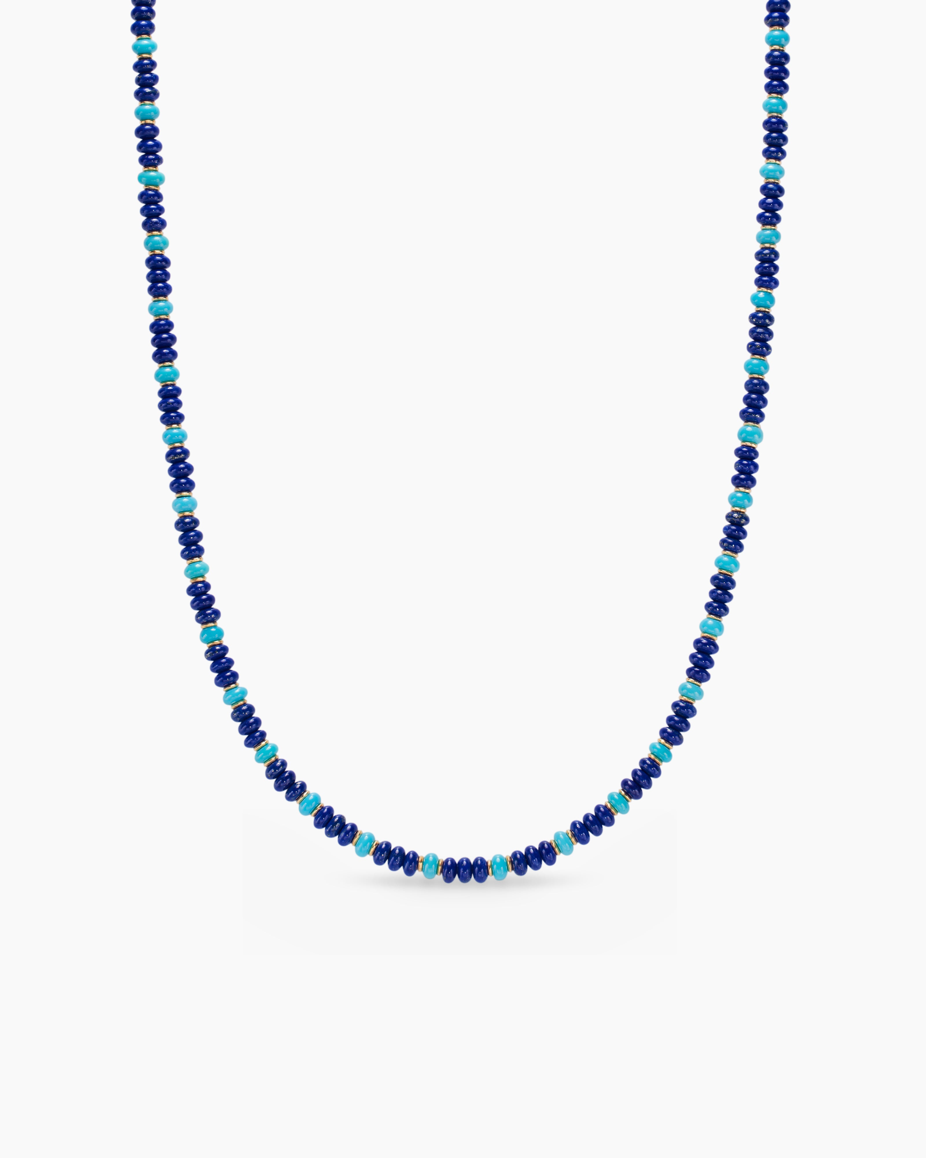 Mens Spiritual Beads Necklace in 18K Yellow Gold with Lapis and Turquoise, 4mm