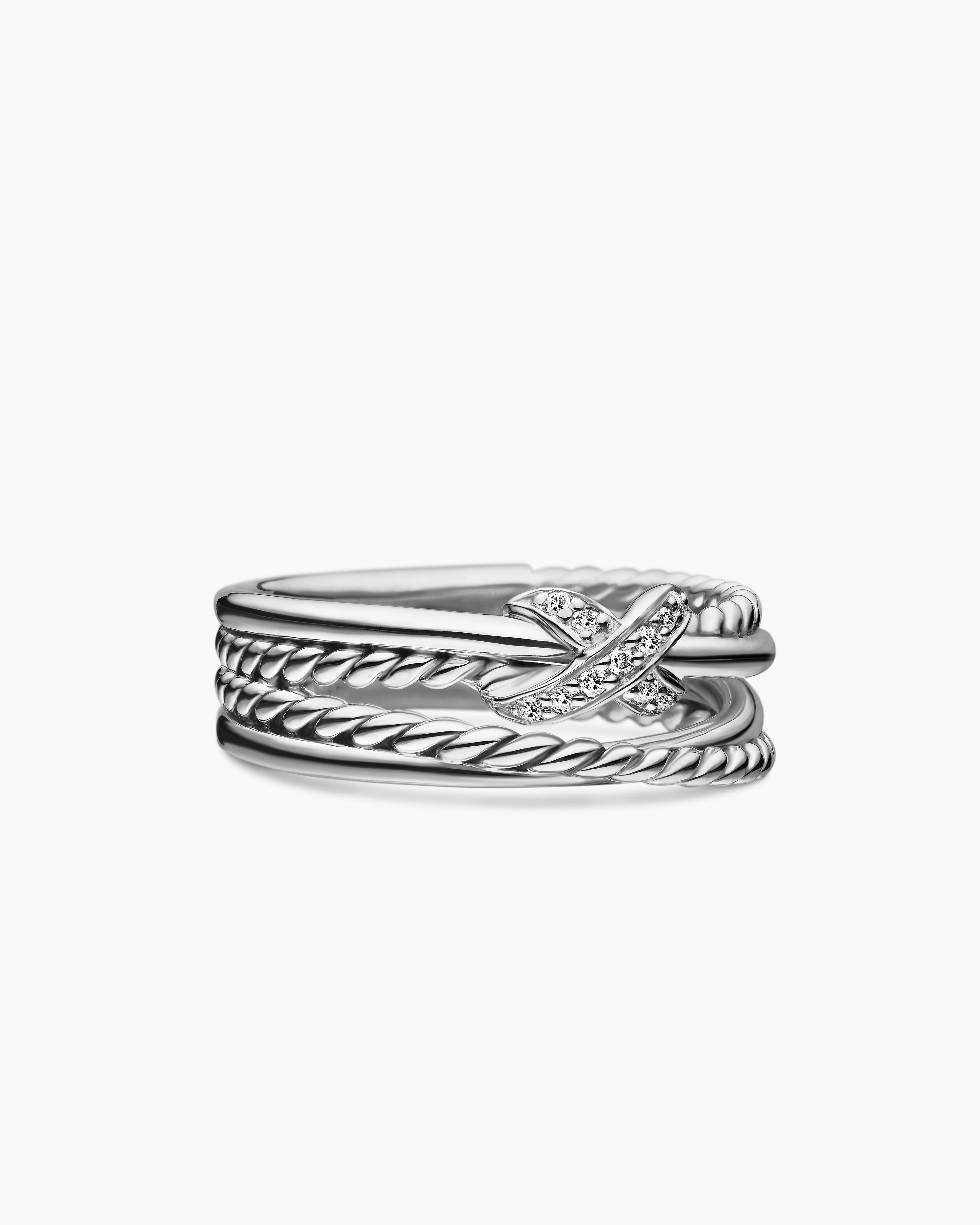 Womens X Crossover Band Ring in Sterling Silver with Diamonds, 6mm